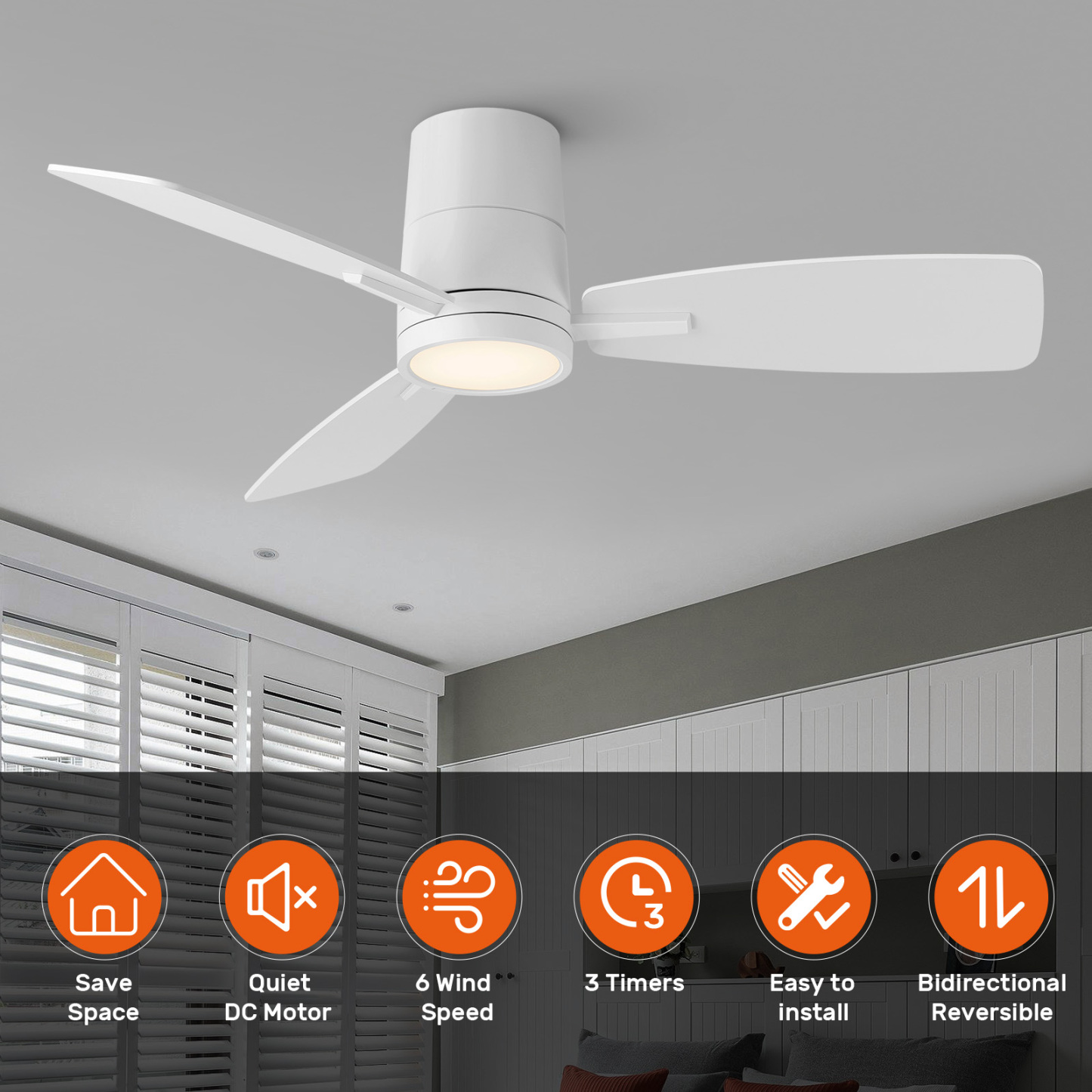 TALOYA 42 inch Flush Mount Ceiling Fans with Lights and Remote Control Low Profile White Ceiling Fan with Light