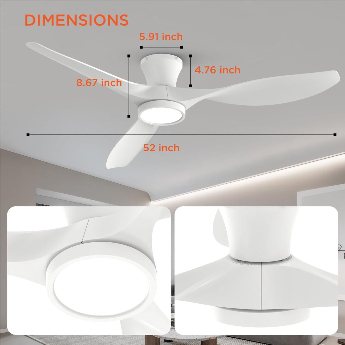 R3 Series 52 Inch Flush Mount Ceiling Fan with Led Light, White, Remote Control ,DC Motor, Reversible, 3 Color Temperature LED Light