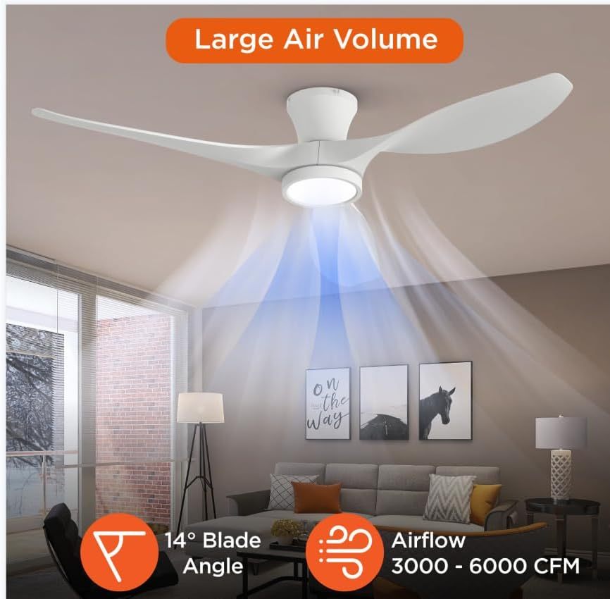 R3 Series 52 Inch Flush Mount Ceiling Fan with Led Light, White, Remote Control ,DC Motor, Reversible, 3 Color Temperature LED Light