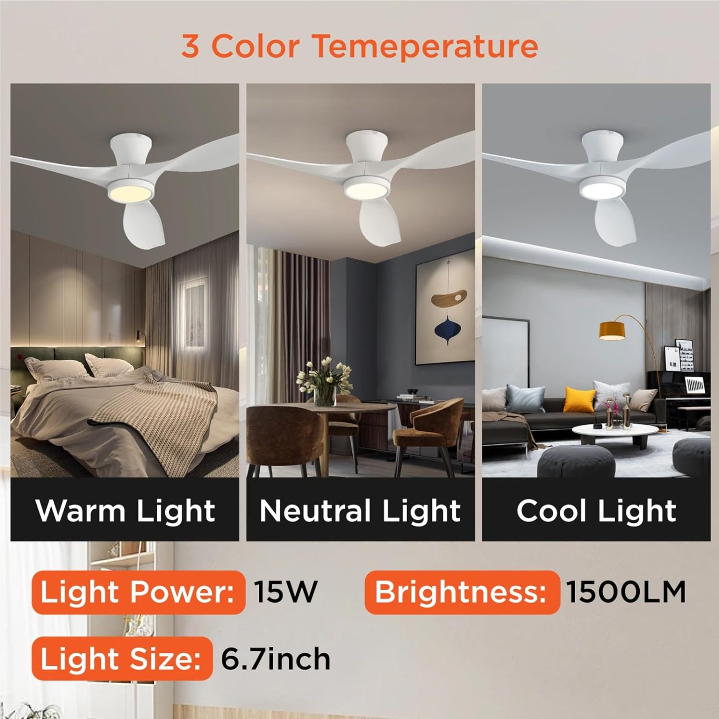 R3 Series 52 Inch Flush Mount Ceiling Fan with Led Light, White, Remote Control ,DC Motor, Reversible, 3 Color Temperature LED Light