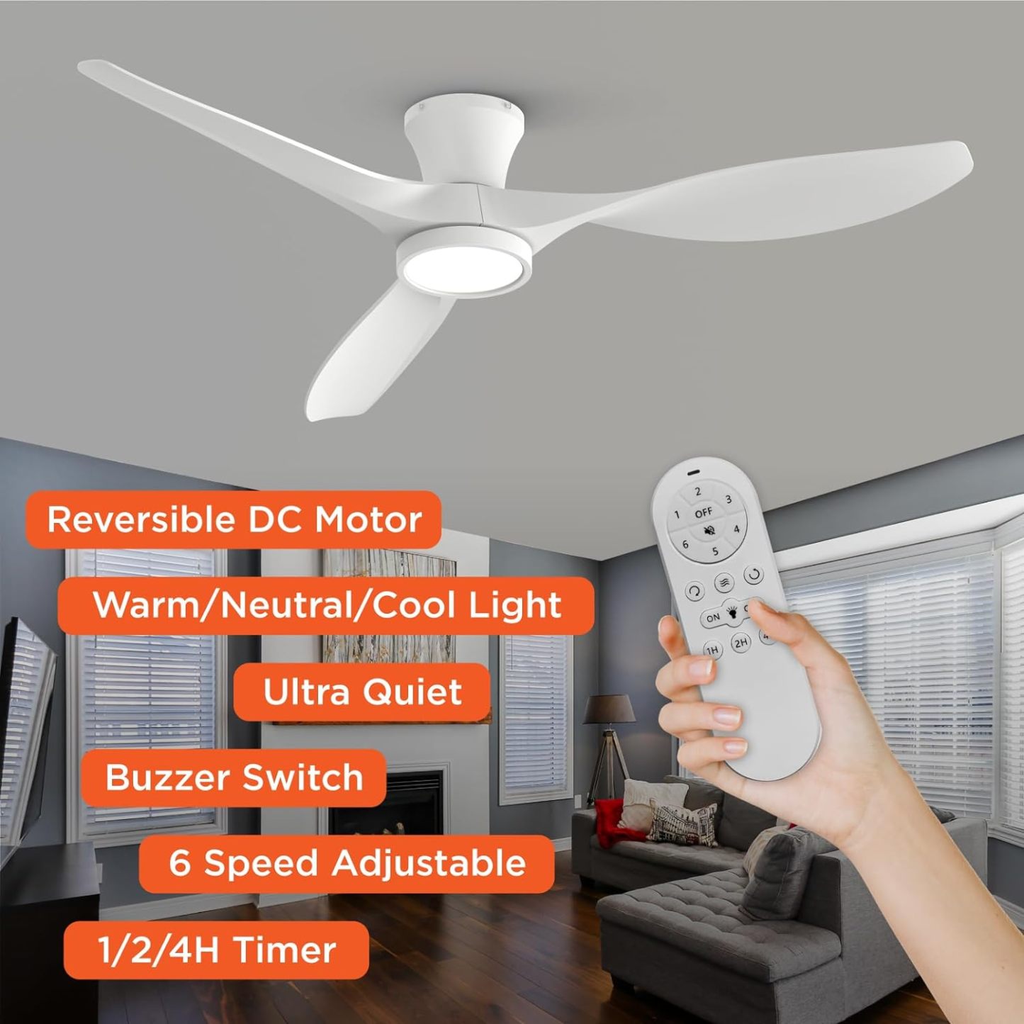 R3 Series 52 Inch Flush Mount Ceiling Fan with Led Light, White, Remote Control ,DC Motor, Reversible, 3 Color Temperature LED Light