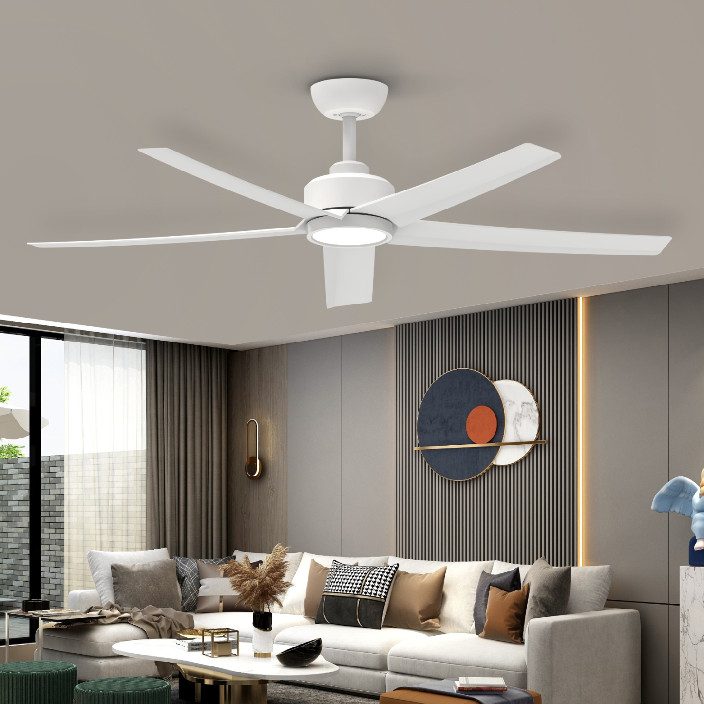 52 inch White Ceiling Fans with Lights and Remote, Reversible DC Motor, 6 Speeds,5 Blades, Modern Ceiling Fan for Living Room, Indoor/Covered Outdoor