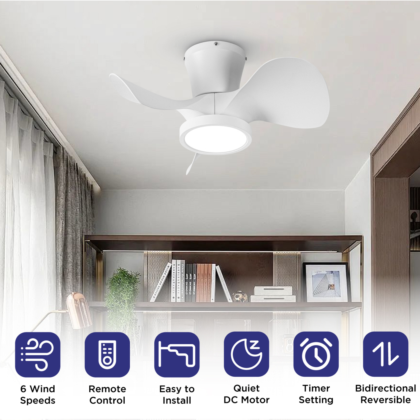 Quiet Ceiling Fan with LED Light 22 inch Large Air Volume Remote Control for Kitchen Bedroom Dining Room Patio White 15W Light
