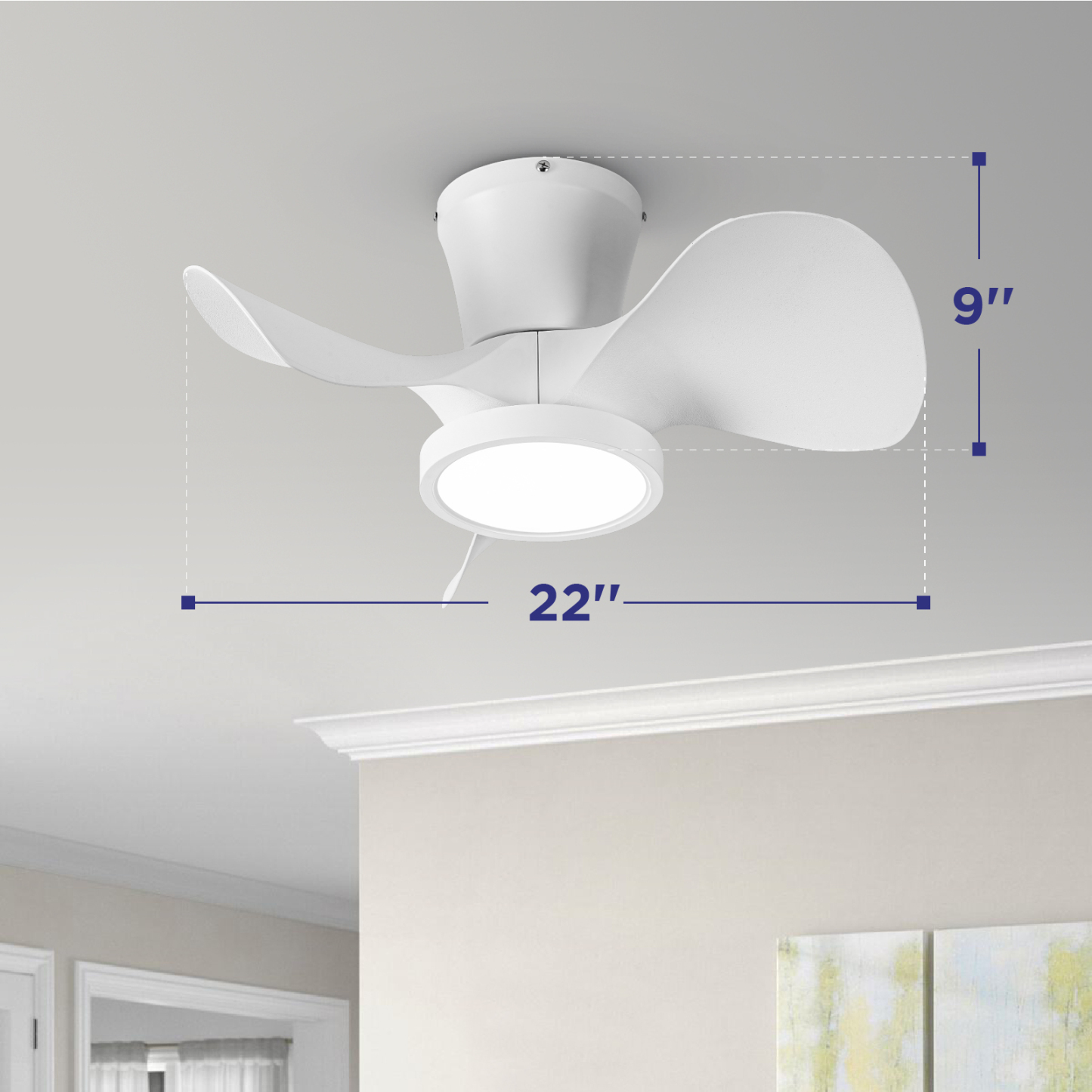 Quiet Ceiling Fan with LED Light 22 inch Large Air Volume Remote Control for Kitchen Bedroom Dining Room Patio White 15W Light