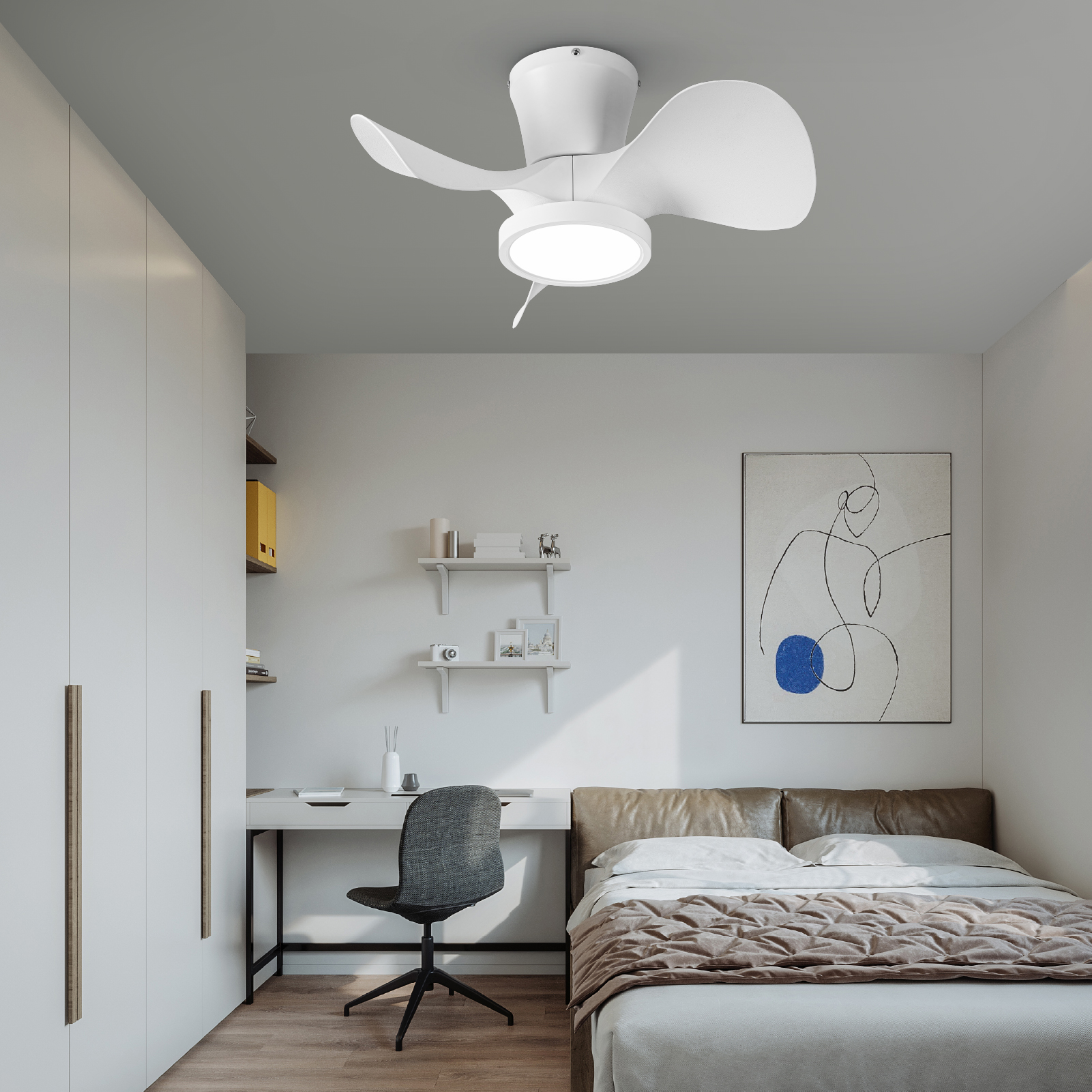 Quiet Ceiling Fan with LED Light 22 inch Large Air Volume Remote Control for Kitchen Bedroom Dining Room Patio White 15W Light