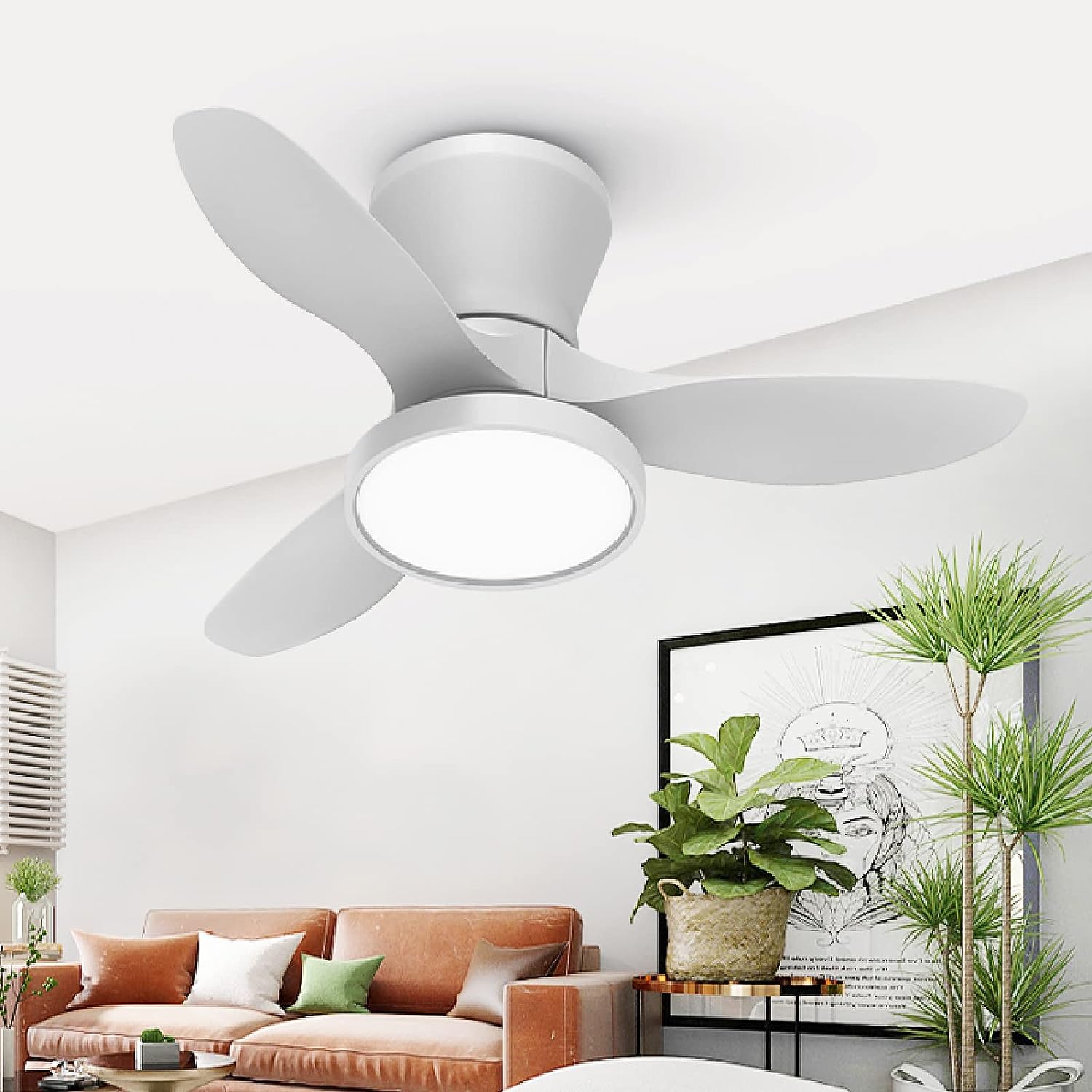Quiet Ceiling Fan with LED Light DC Motor 32 inch Large Air Volume Remote Control White