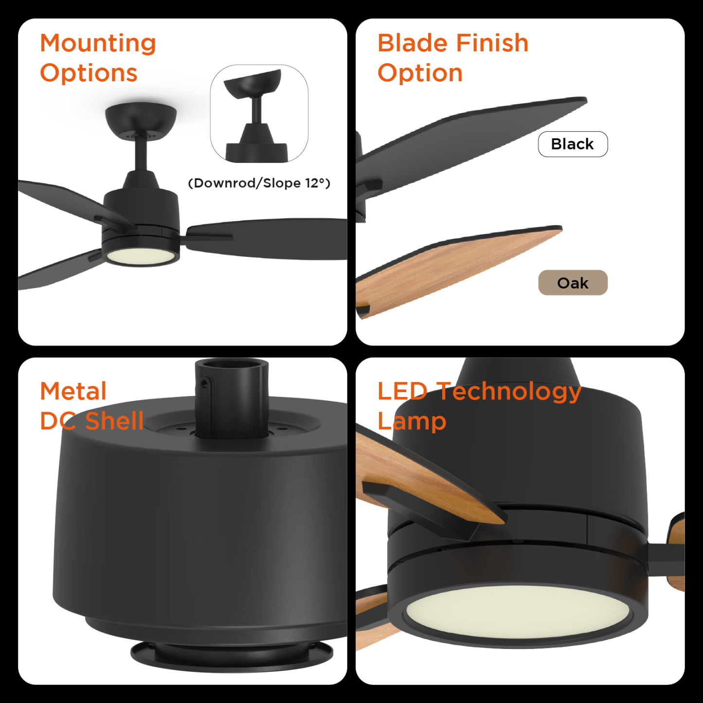 S3 Series 42 Inch Ceiling Fans with Led Lights Black, Remote Control Flush Mount Low Profile for Bedroom Farmhouse Patio Outdoor Living Room Kitchen Dining Room,DC Motor,Reversible,3 CCT,6'' downrod