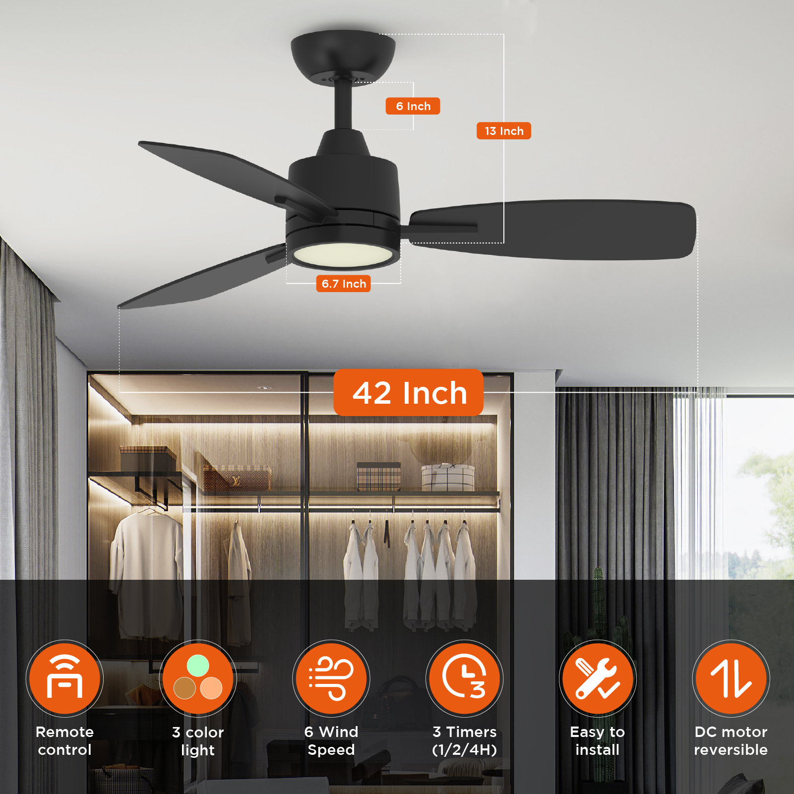 S3 Series 42 Inch Ceiling Fans with Led Lights Black, Remote Control Flush Mount Low Profile for Bedroom Farmhouse Patio Outdoor Living Room Kitchen Dining Room,DC Motor,Reversible,3 CCT,6'' downrod