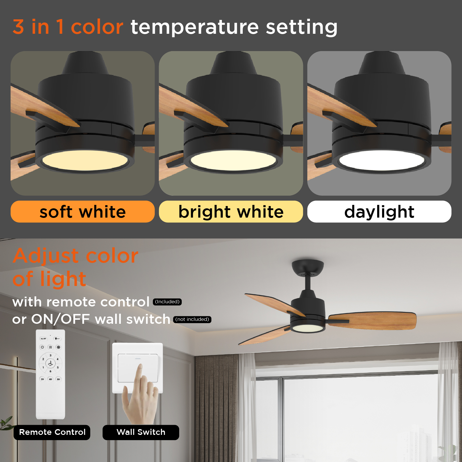 S3 Series 42 Inch Ceiling Fans with Led Lights Black, Remote Control Flush Mount Low Profile for Bedroom Farmhouse Patio Outdoor Living Room Kitchen Dining Room,DC Motor,Reversible,3 CCT,6'' downrod