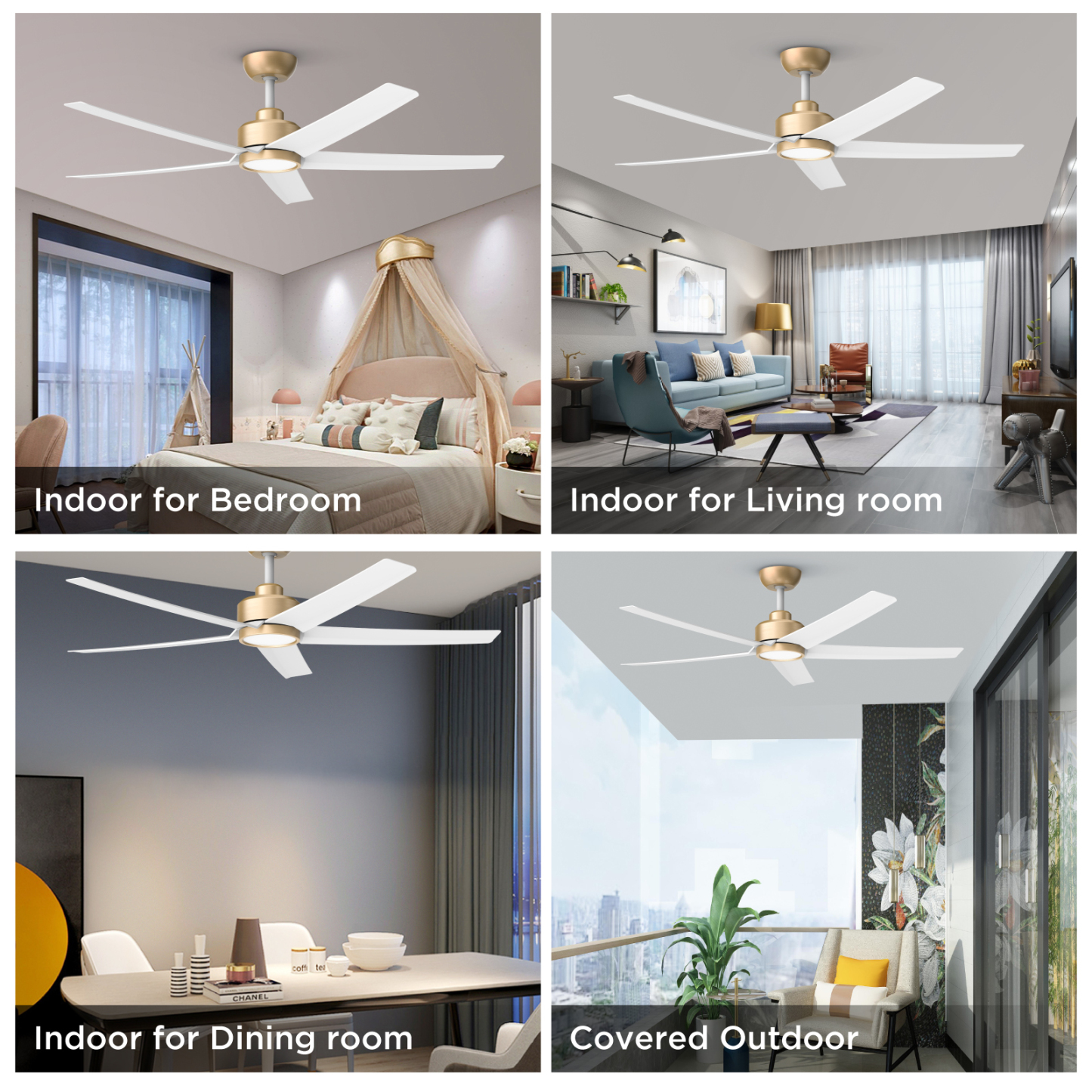  52 inch Ceiling Fans with Lights and Remote Control Ultra Quiet DC Motor 3 Color Temperatures Modern Ceiling Fan for Bedroom Kitchen Indoor Covered Outdoor Gold
