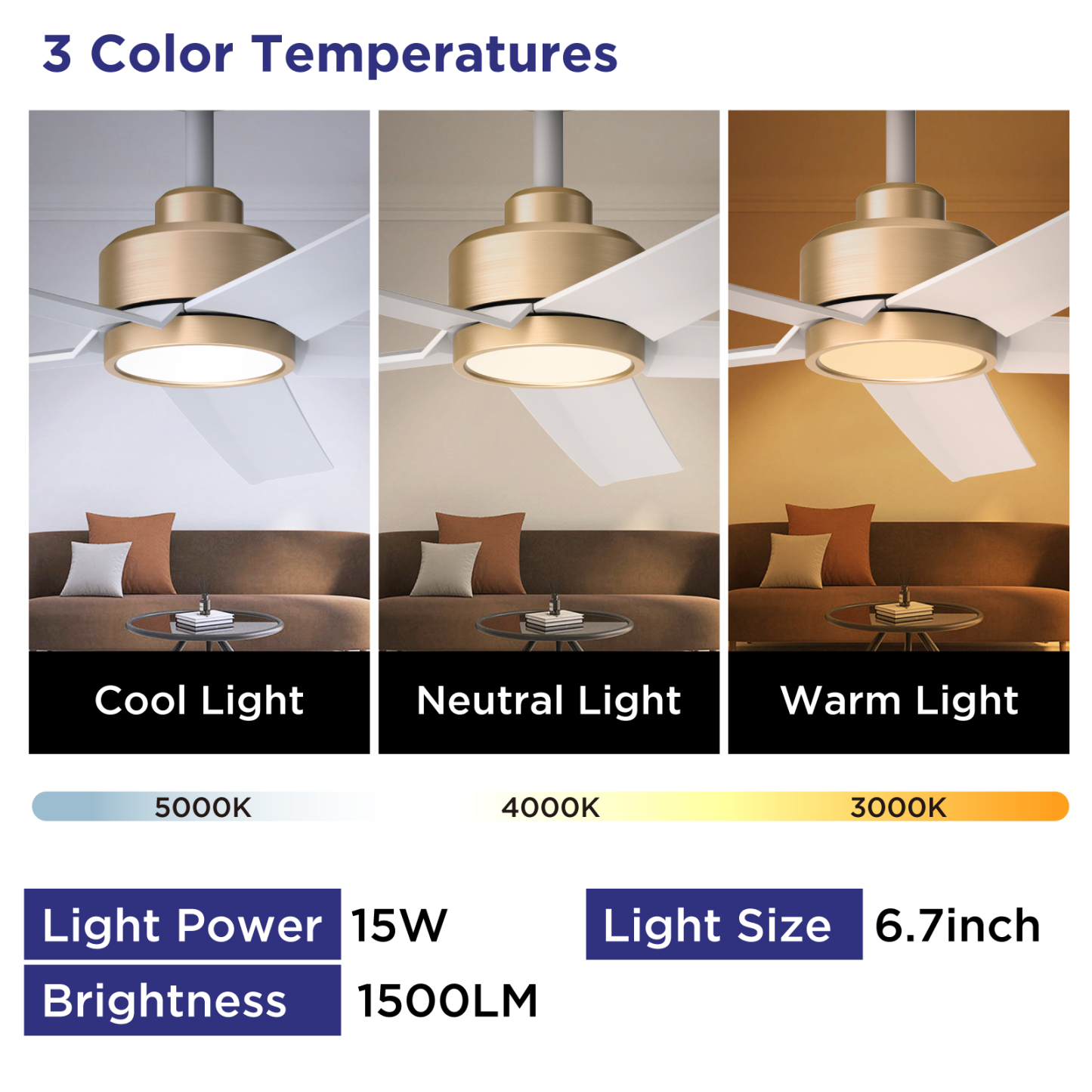  52 inch Ceiling Fans with Lights and Remote Control Ultra Quiet DC Motor 3 Color Temperatures Modern Ceiling Fan for Bedroom Kitchen Indoor Covered Outdoor Gold