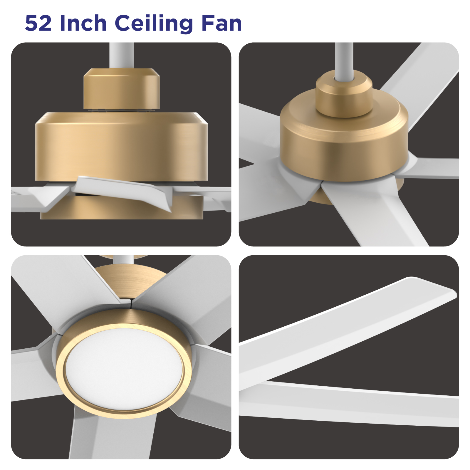  52 inch Ceiling Fans with Lights and Remote Control Ultra Quiet DC Motor 3 Color Temperatures Modern Ceiling Fan for Bedroom Kitchen Indoor Covered Outdoor Gold