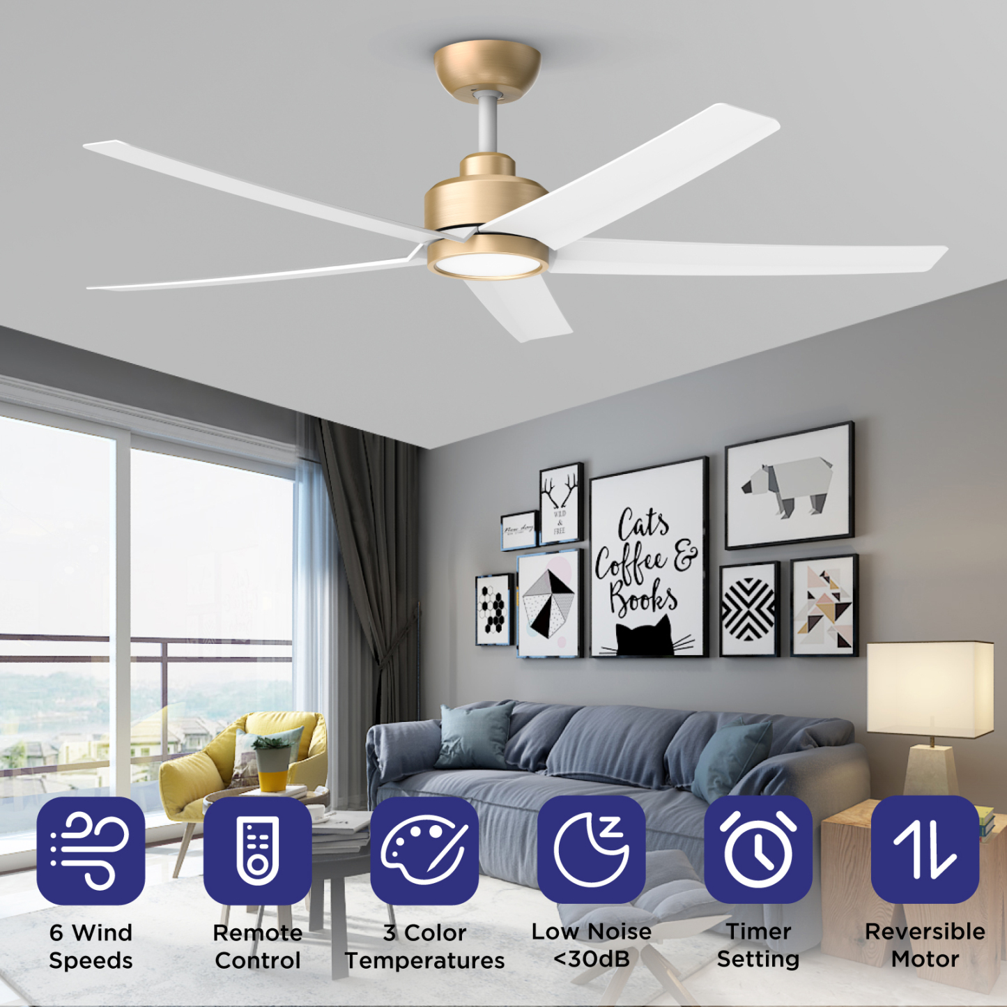  52 inch Ceiling Fans with Lights and Remote Control Ultra Quiet DC Motor 3 Color Temperatures Modern Ceiling Fan for Bedroom Kitchen Indoor Covered Outdoor Gold