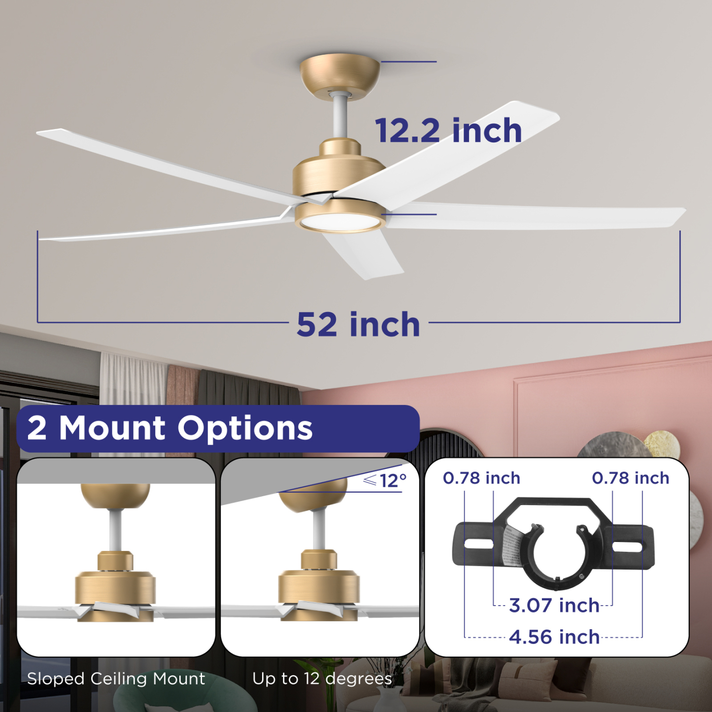  52 inch Ceiling Fans with Lights and Remote Control Ultra Quiet DC Motor 3 Color Temperatures Modern Ceiling Fan for Bedroom Kitchen Indoor Covered Outdoor Gold