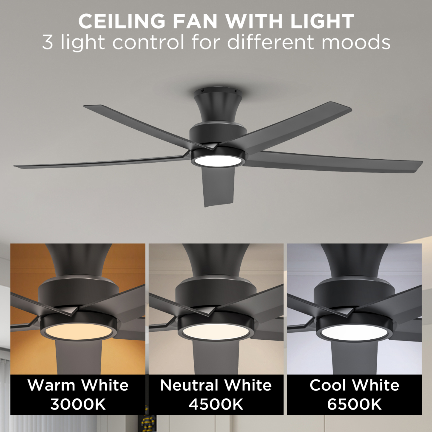 TALOYA 52 inch Ceiling Fans with Lights,Remote Control Multifunctional Quiet Fan with Three Color Temperature and Dimmable Light with Reversible Blades Black