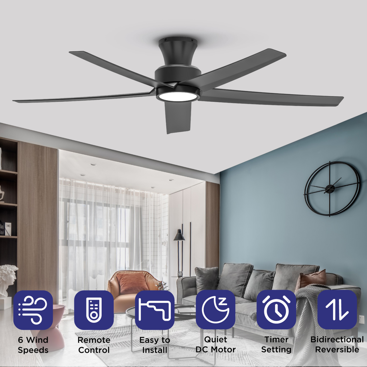 TALOYA 52 inch Ceiling Fans with Lights,Remote Control Multifunctional Quiet Fan with Three Color Temperature and Dimmable Light with Reversible Blades Black