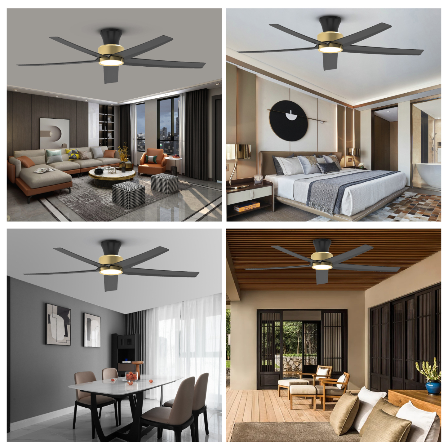 TALOYA 52 inch Ceiling Fans with Lights and Remote,Ultra Silent low profile Ceiling Fan with Three Color Temperature and Dimmable Light with Reversible Blades Black Gold