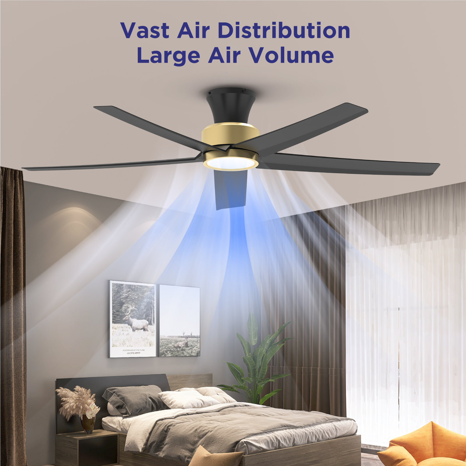 TALOYA 52 inch Ceiling Fans with Lights and Remote,Ultra Silent low profile Ceiling Fan with Three Color Temperature and Dimmable Light with Reversible Blades Black Gold