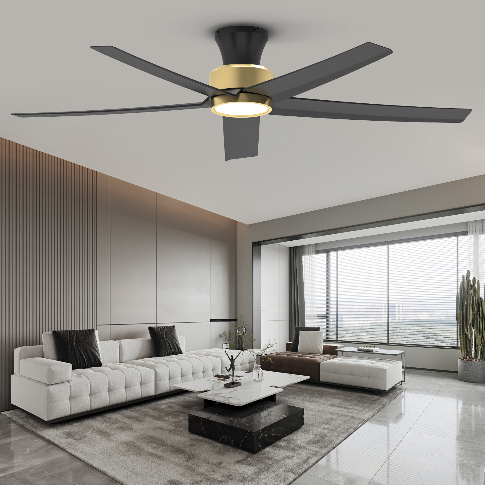 TALOYA 52 inch Ceiling Fans with Lights and Remote,Ultra Silent low profile Ceiling Fan with Three Color Temperature and Dimmable Light with Reversible Blades Black Gold