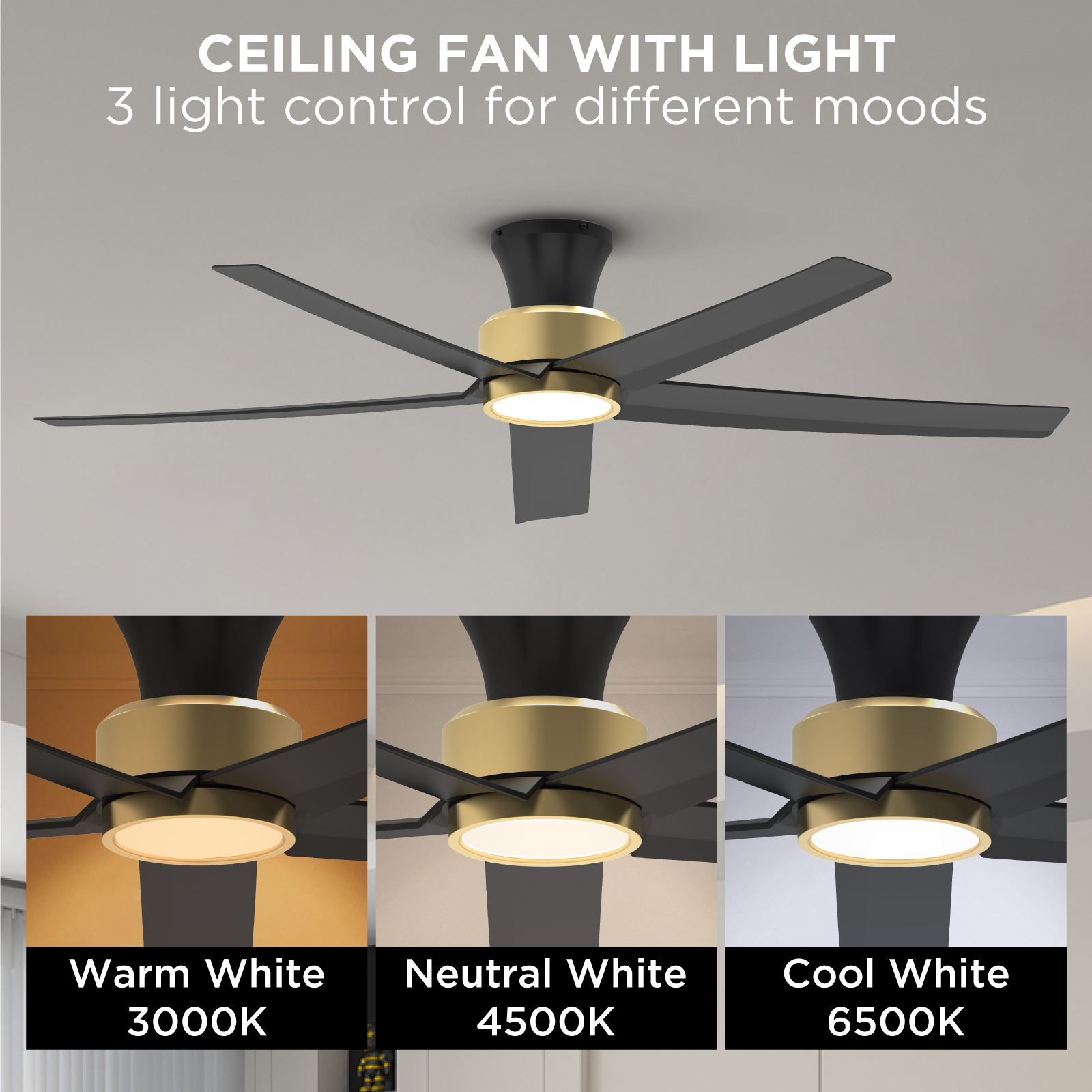 TALOYA 52 inch Ceiling Fans with Lights and Remote,Ultra Silent low profile Ceiling Fan with Three Color Temperature and Dimmable Light with Reversible Blades Black Gold