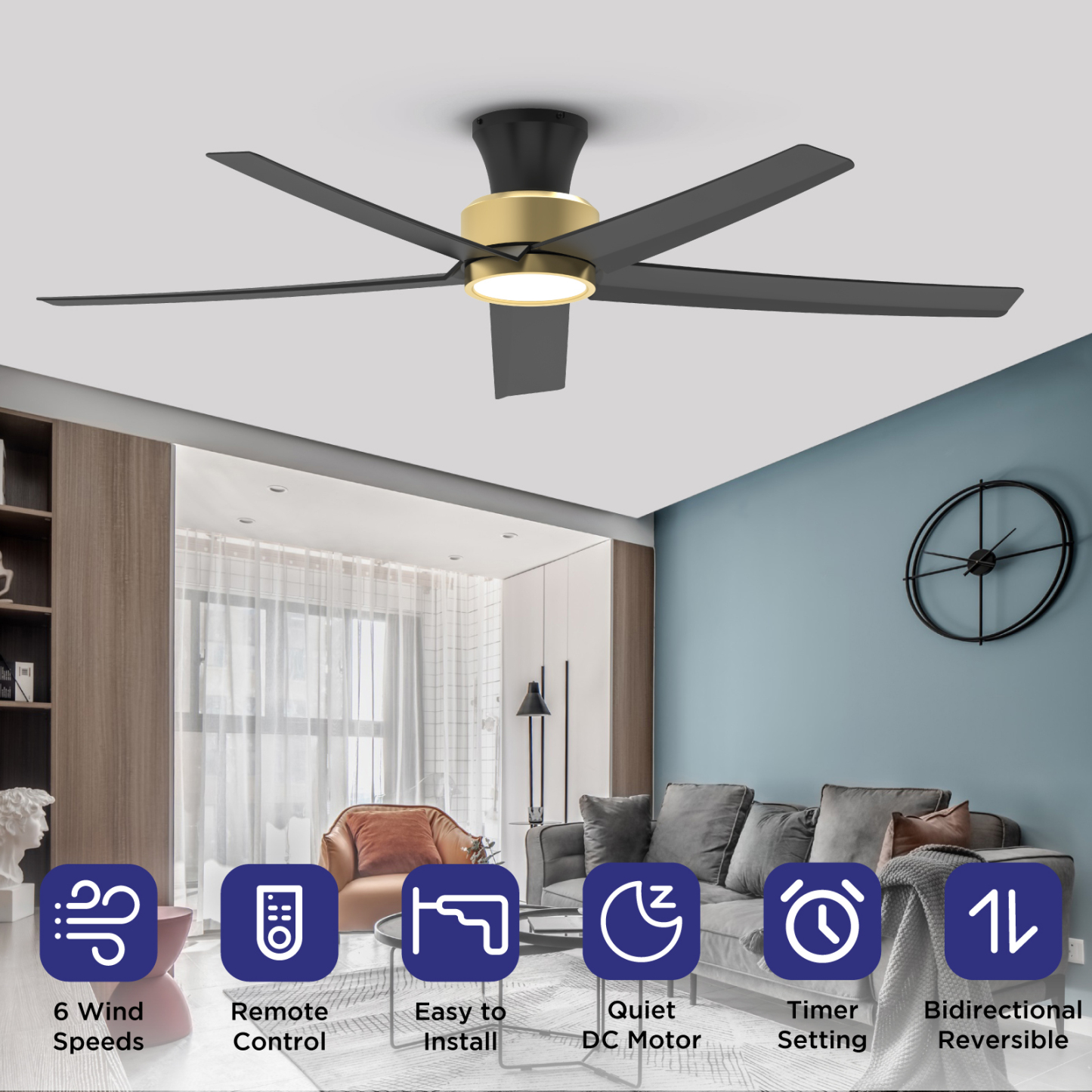 TALOYA 52 inch Ceiling Fans with Lights and Remote,Ultra Silent low profile Ceiling Fan with Three Color Temperature and Dimmable Light with Reversible Blades Black Gold