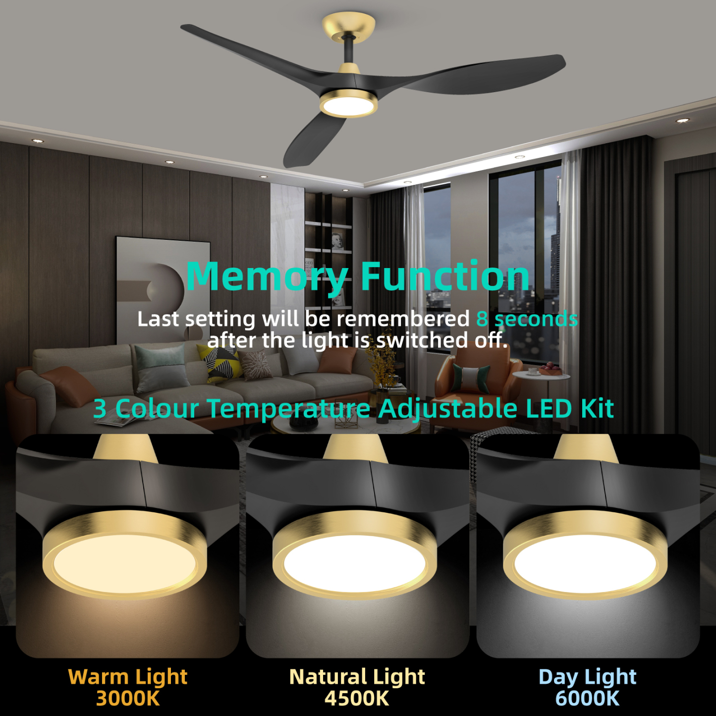 TALOYA 52 Inch Ceiling Fan with Led Light Remote Control Flush Mount Low Profile for Bedroom Farmhouse Patio Living Room Kitchen Dining Room,DC Motor,Reversible,Black+Gold