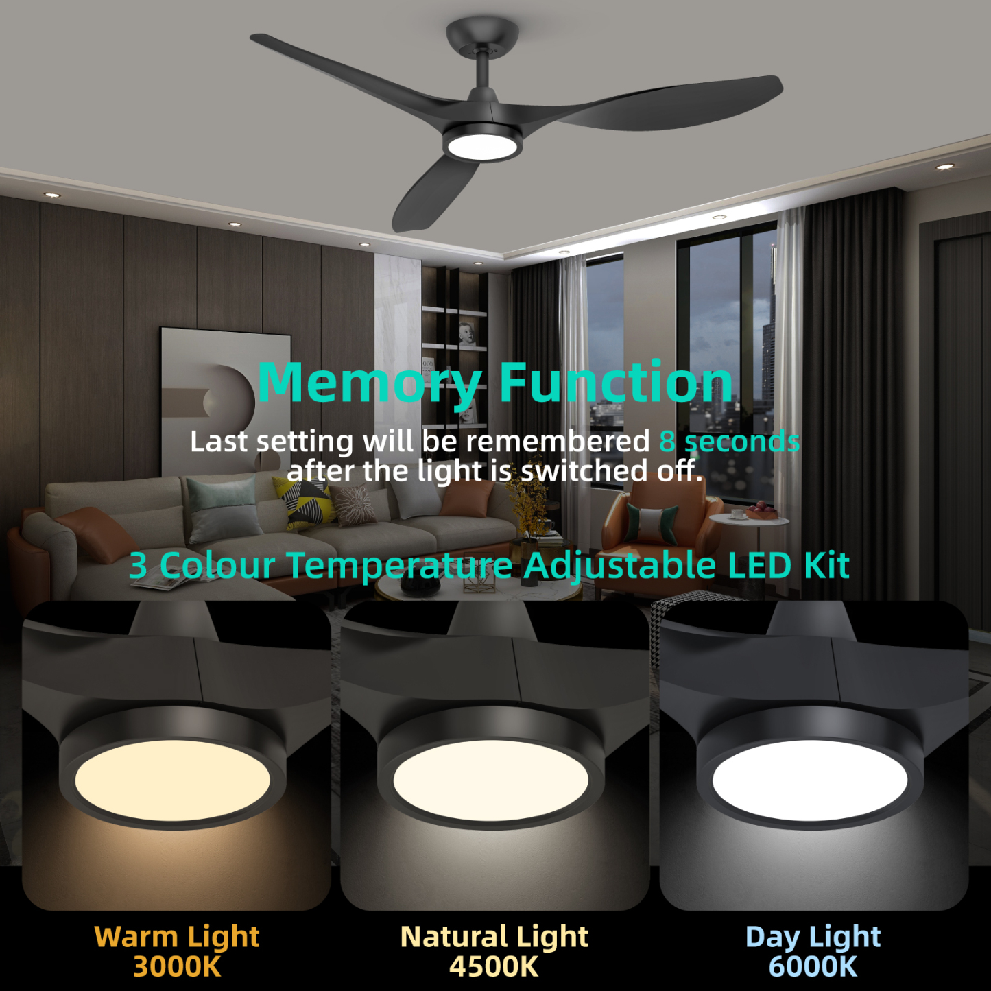  Ceiling Fans with Lights,Large Airflow 52inch Modern Ceiling Fan with Quite Reversible DC Motor 3 Color Temperature LED Light (Black)