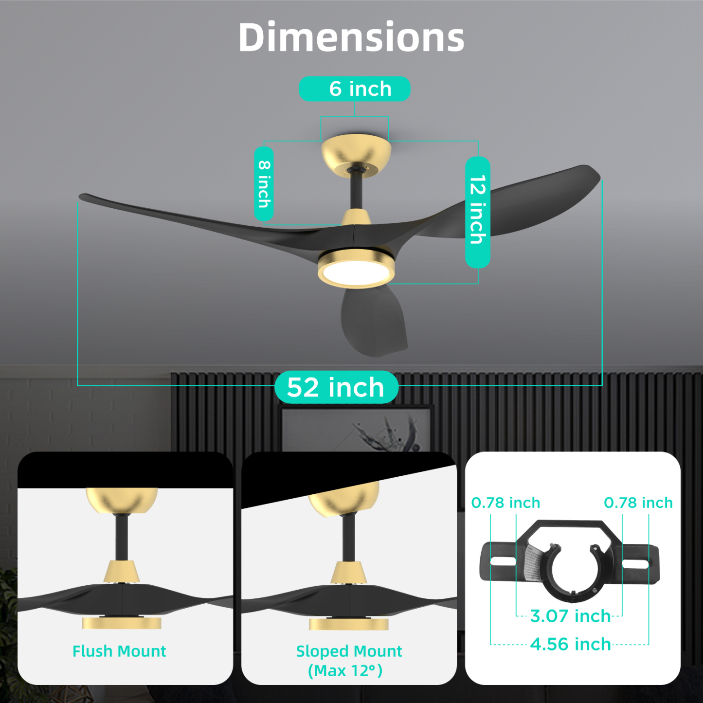 TALOYA 52 Inch Ceiling Fan with Led Light Remote Control Flush Mount Low Profile for Bedroom Farmhouse Patio Living Room Kitchen Dining Room,DC Motor,Reversible,Black+Gold