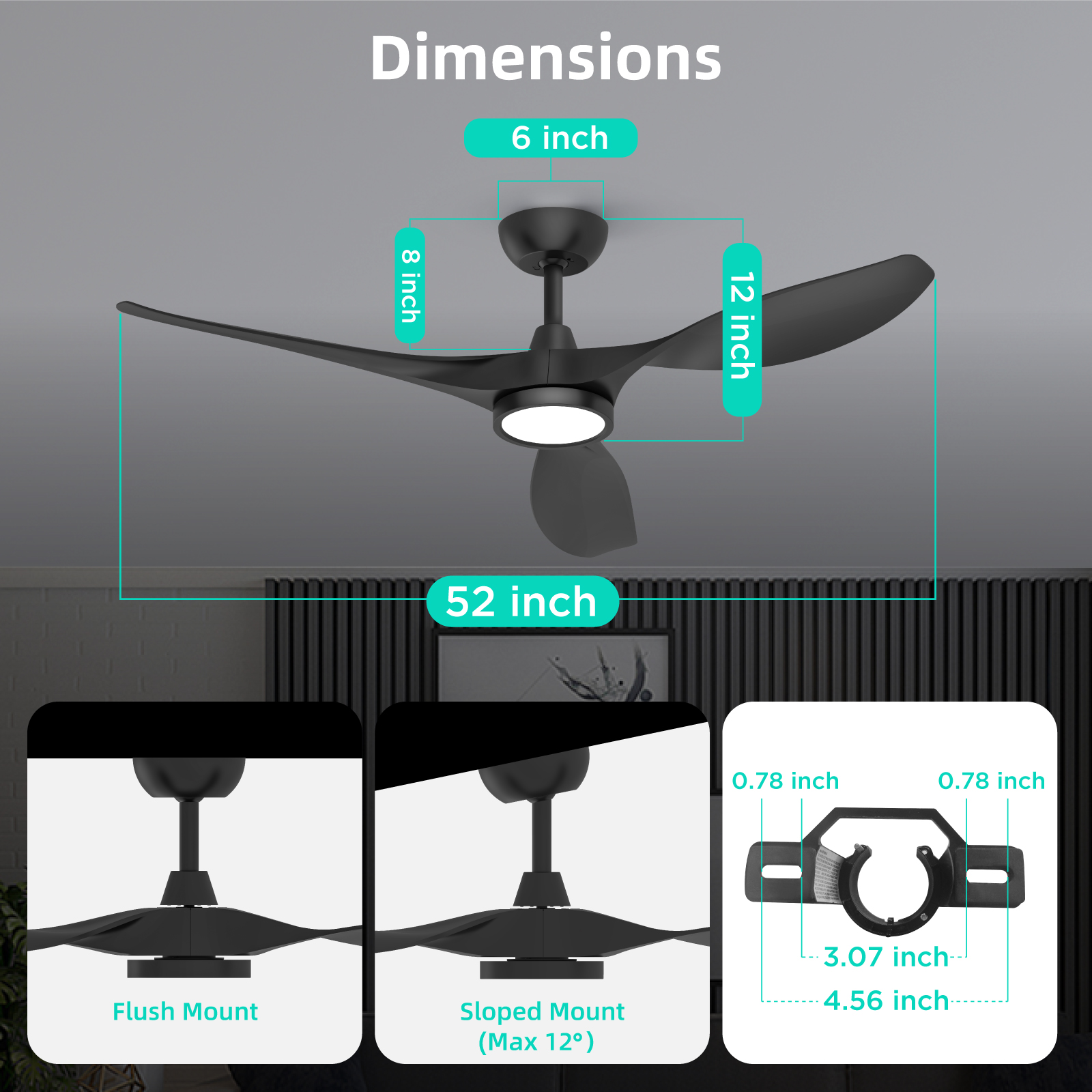  Ceiling Fans with Lights,Large Airflow 52inch Modern Ceiling Fan with Quite Reversible DC Motor 3 Color Temperature LED Light (Black)