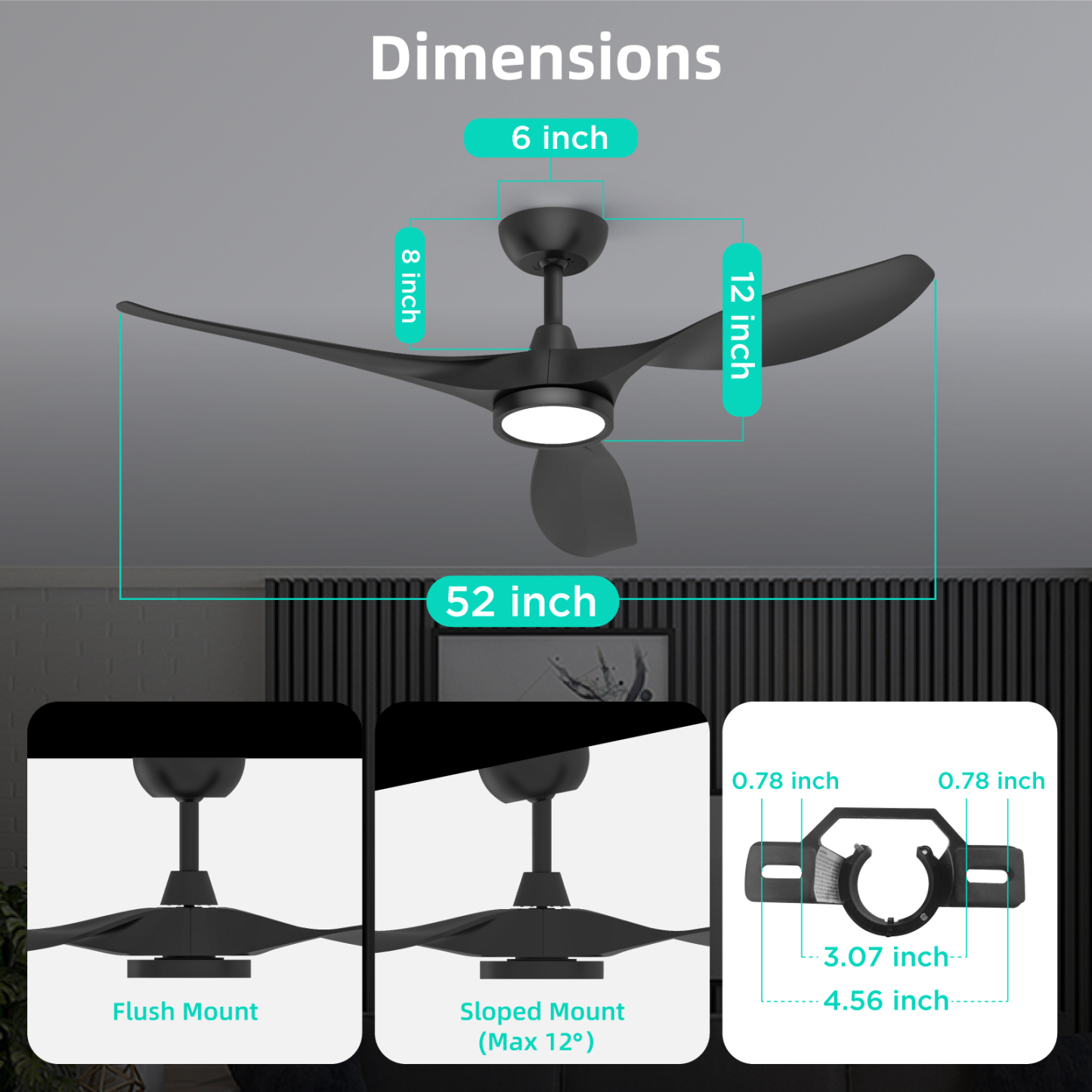  Ceiling Fans with Lights,Large Airflow 52inch Modern Ceiling Fan with Quite Reversible DC Motor 3 Color Temperature LED Light (Black)