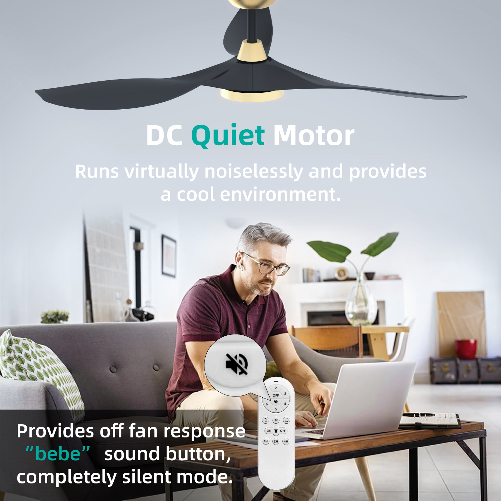 TALOYA 52 Inch Ceiling Fan with Led Light Remote Control Flush Mount Low Profile for Bedroom Farmhouse Patio Living Room Kitchen Dining Room,DC Motor,Reversible,Black+Gold