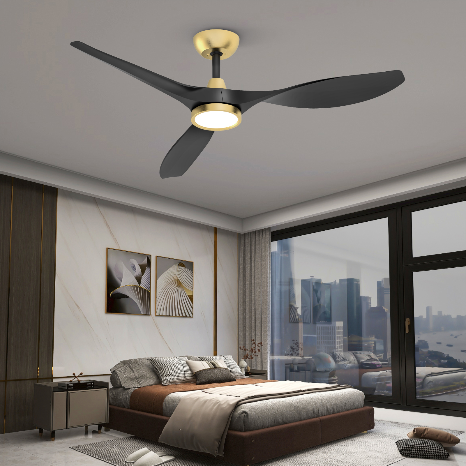 TALOYA 52 Inch Ceiling Fan with Led Light Remote Control Flush Mount Low Profile for Bedroom Farmhouse Patio Living Room Kitchen Dining Room,DC Motor,Reversible,Black+Gold