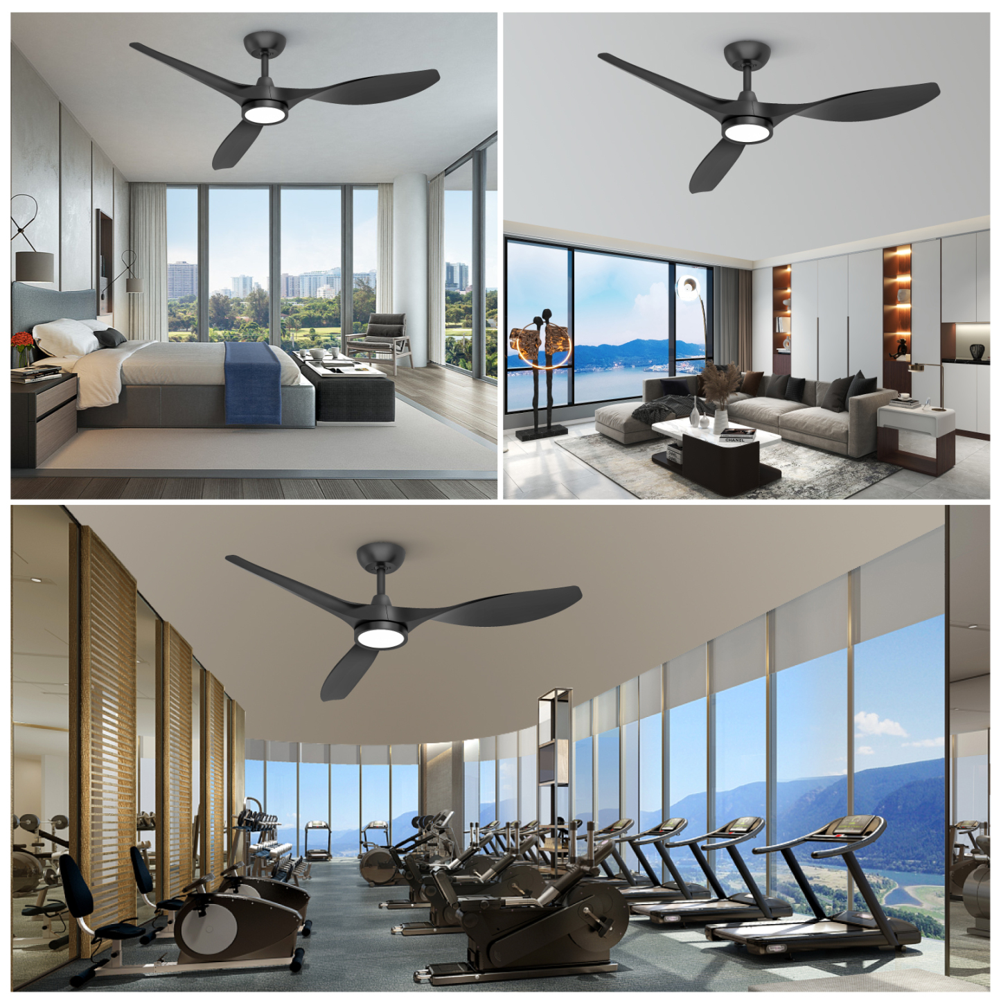  Ceiling Fans with Lights,Large Airflow 52inch Modern Ceiling Fan with Quite Reversible DC Motor 3 Color Temperature LED Light (Black)