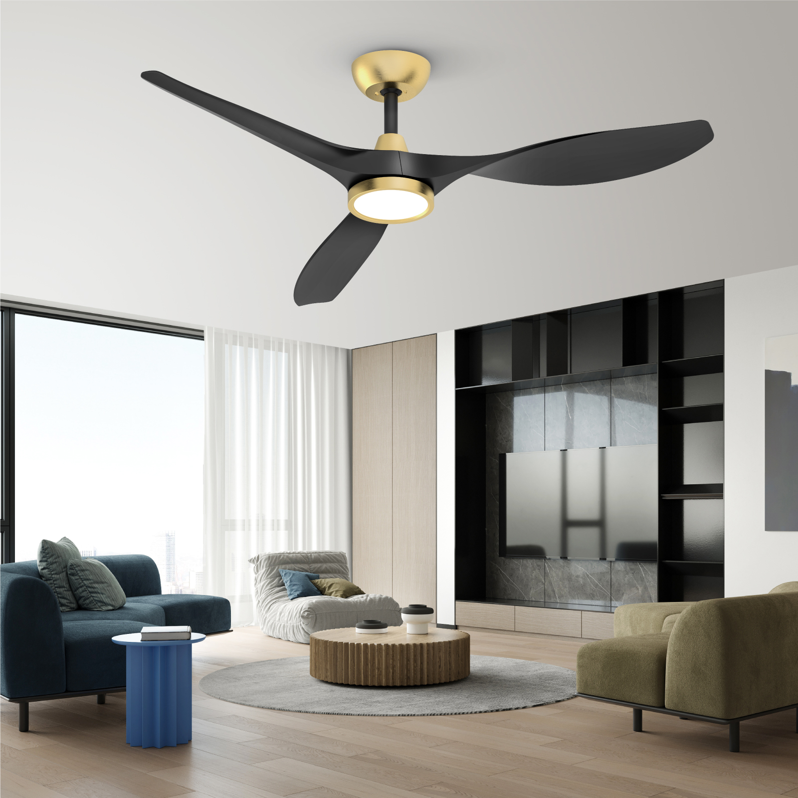TALOYA 52 Inch Ceiling Fan with Led Light Remote Control Flush Mount Low Profile for Bedroom Farmhouse Patio Living Room Kitchen Dining Room,DC Motor,Reversible,Black+Gold