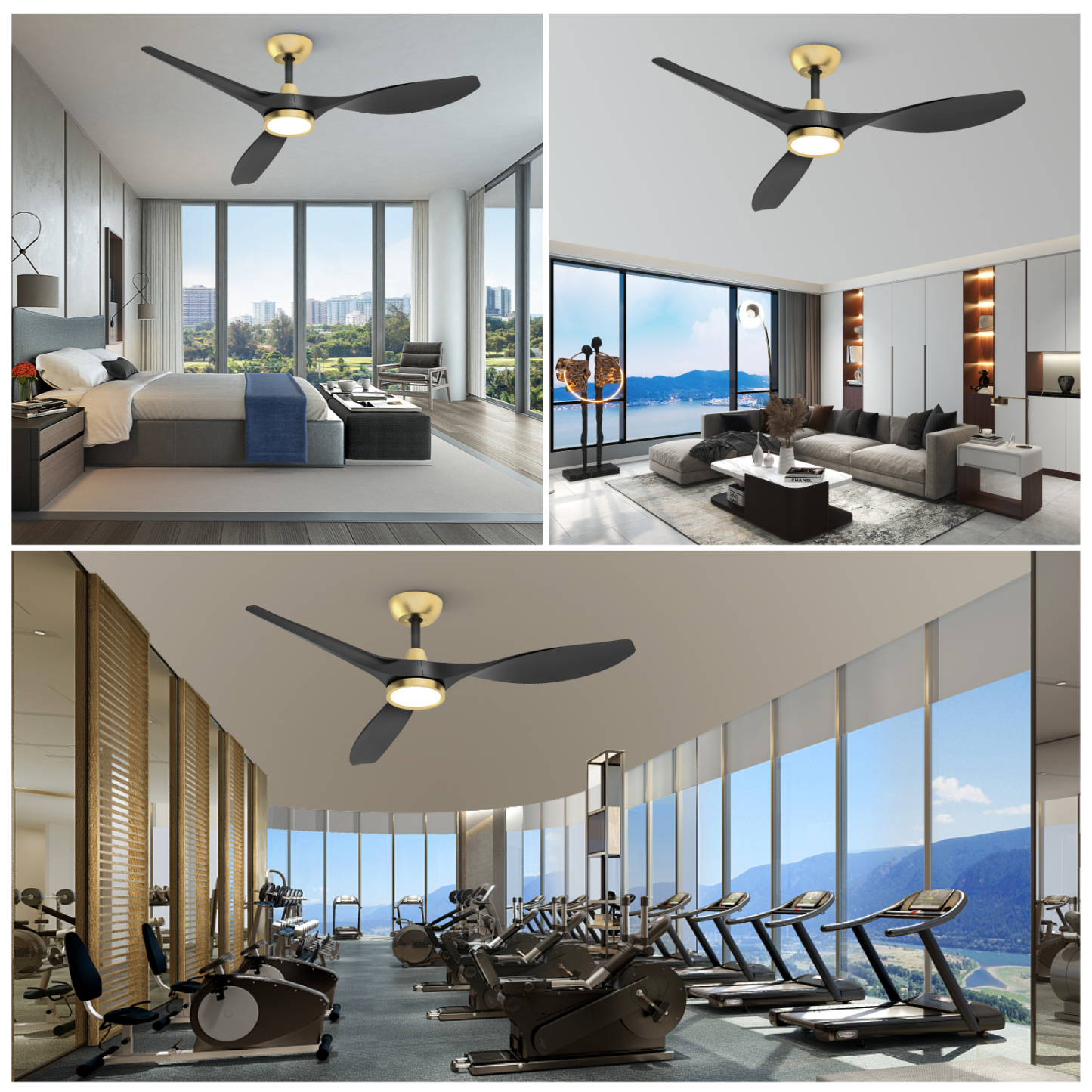TALOYA 52 Inch Ceiling Fan with Led Light Remote Control Flush Mount Low Profile for Bedroom Farmhouse Patio Living Room Kitchen Dining Room,DC Motor,Reversible,Black+Gold