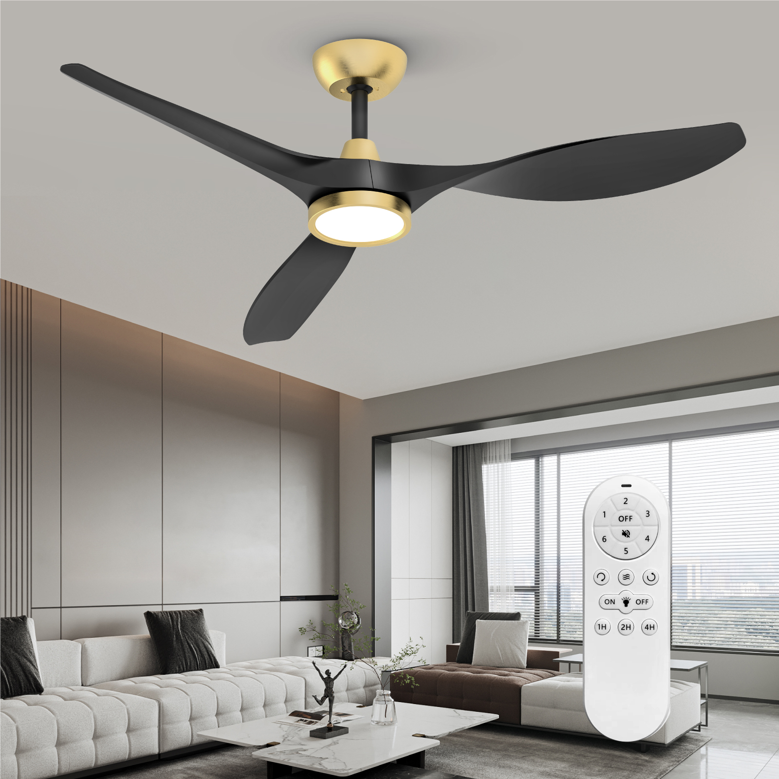 TALOYA 52 Inch Ceiling Fan with Led Light Remote Control Flush Mount Low Profile for Bedroom Farmhouse Patio Living Room Kitchen Dining Room,DC Motor,Reversible,Black+Gold