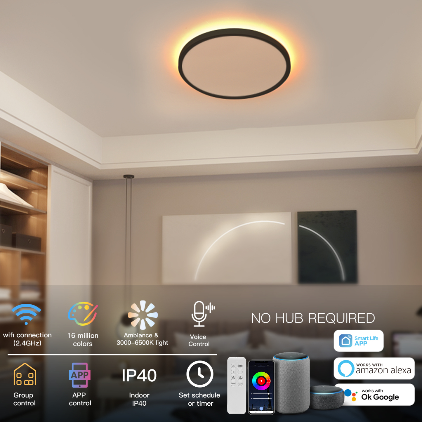 G Series Smart Ceiling Light Flush Mount LED WiFi,Compatible with Alexa Google Home,Dimmable Low Profile Ambient Light Fixture,12 &15.8 &18Inch,RGB