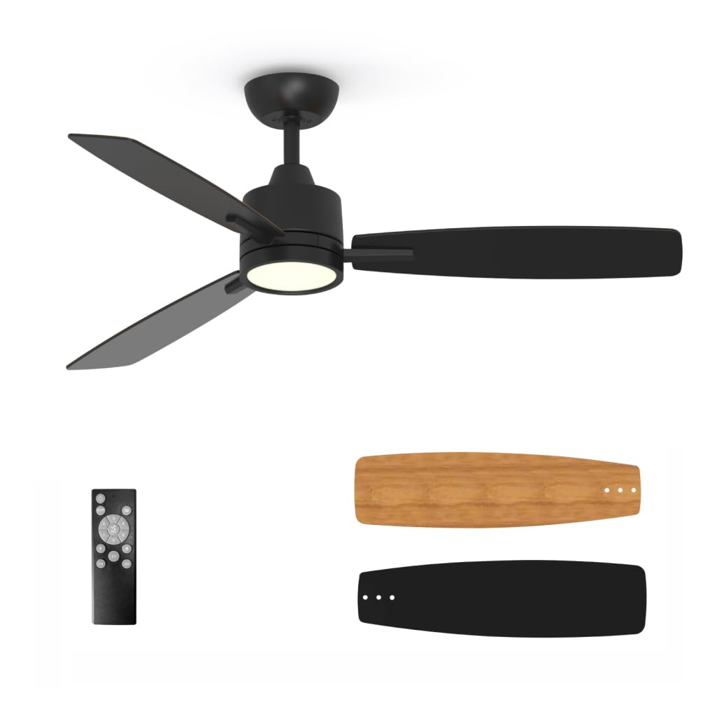 TALOYA 52 Inch Ceiling Fans with Lights Led Remote Control Low Profile for Living Room Bedroom Outdoor Farmhouse Patio Kitchen Dining Room,DC Motor,Reversible,3 Color Temperatures,Black