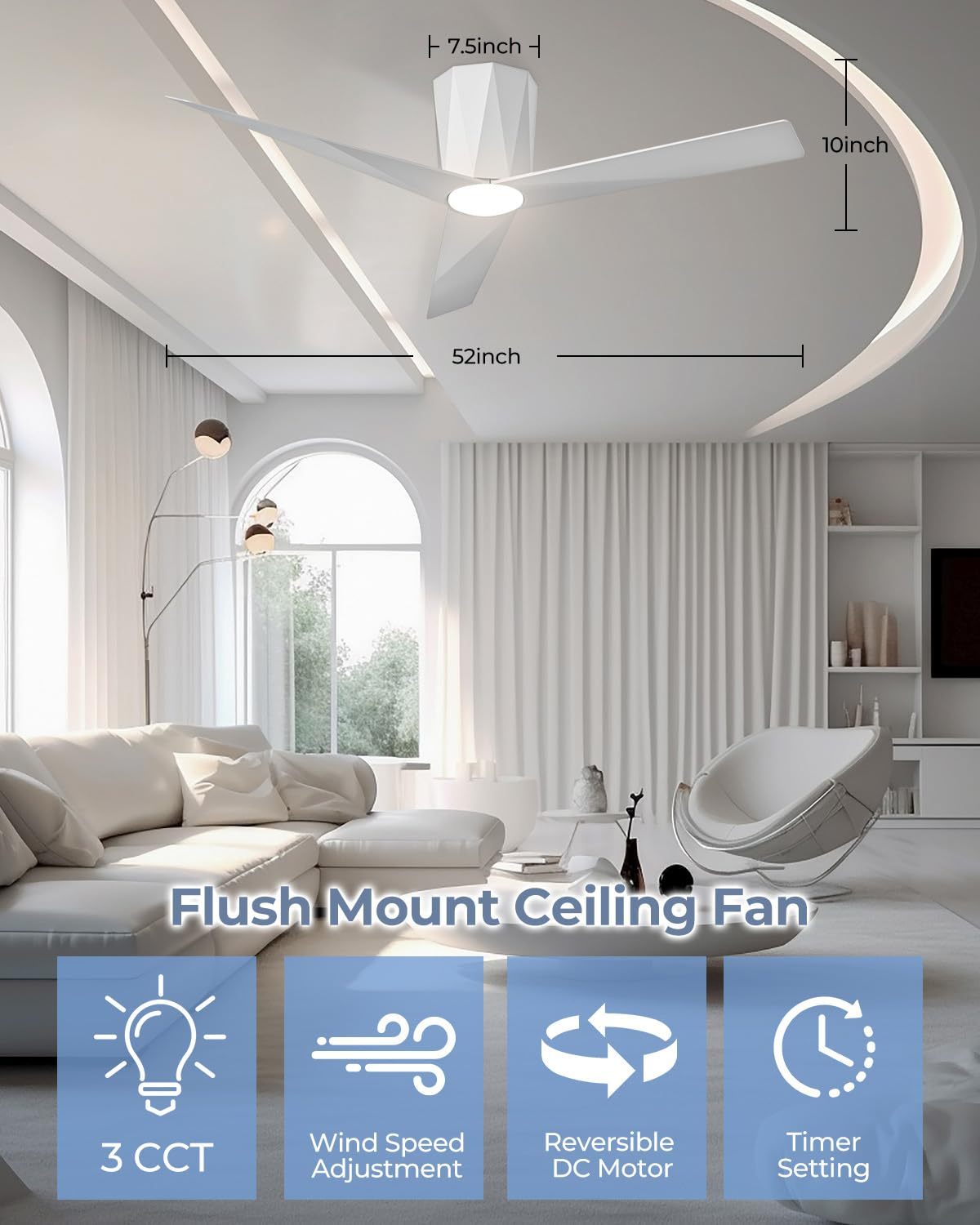   52 Inch White Flush Mount Ceiling Fans with Led Dimmable 3 CCT Lights and Remote Control Modern Low Profile Ceiling Fan, Easy Installation, Whisper Quiet DC Motor, Bedroom Home Living Room 