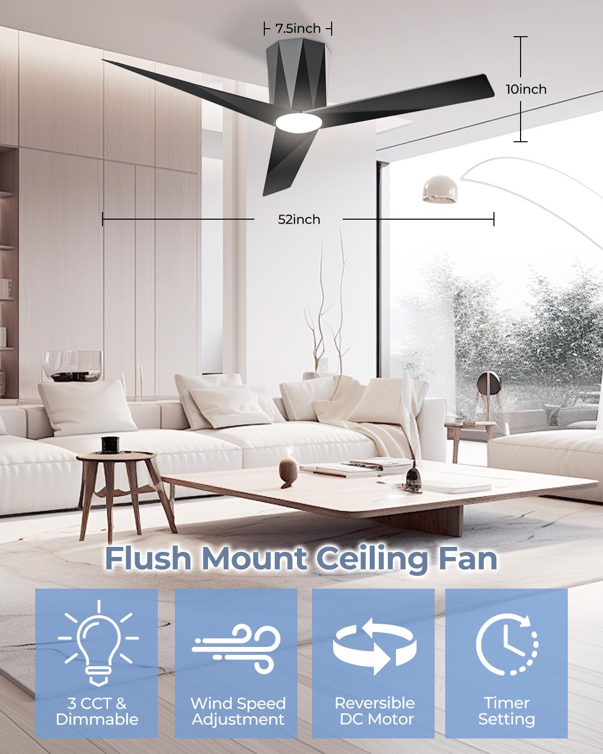 52 Inch Black Flush Mount Ceiling Fans with Led Dimmable 3 CCT Lights and Remote Control Modern Low Profile Ceiling Fan, Easy Installation, Whisper Quiet DC Motor, Bedroom Home Living Room 