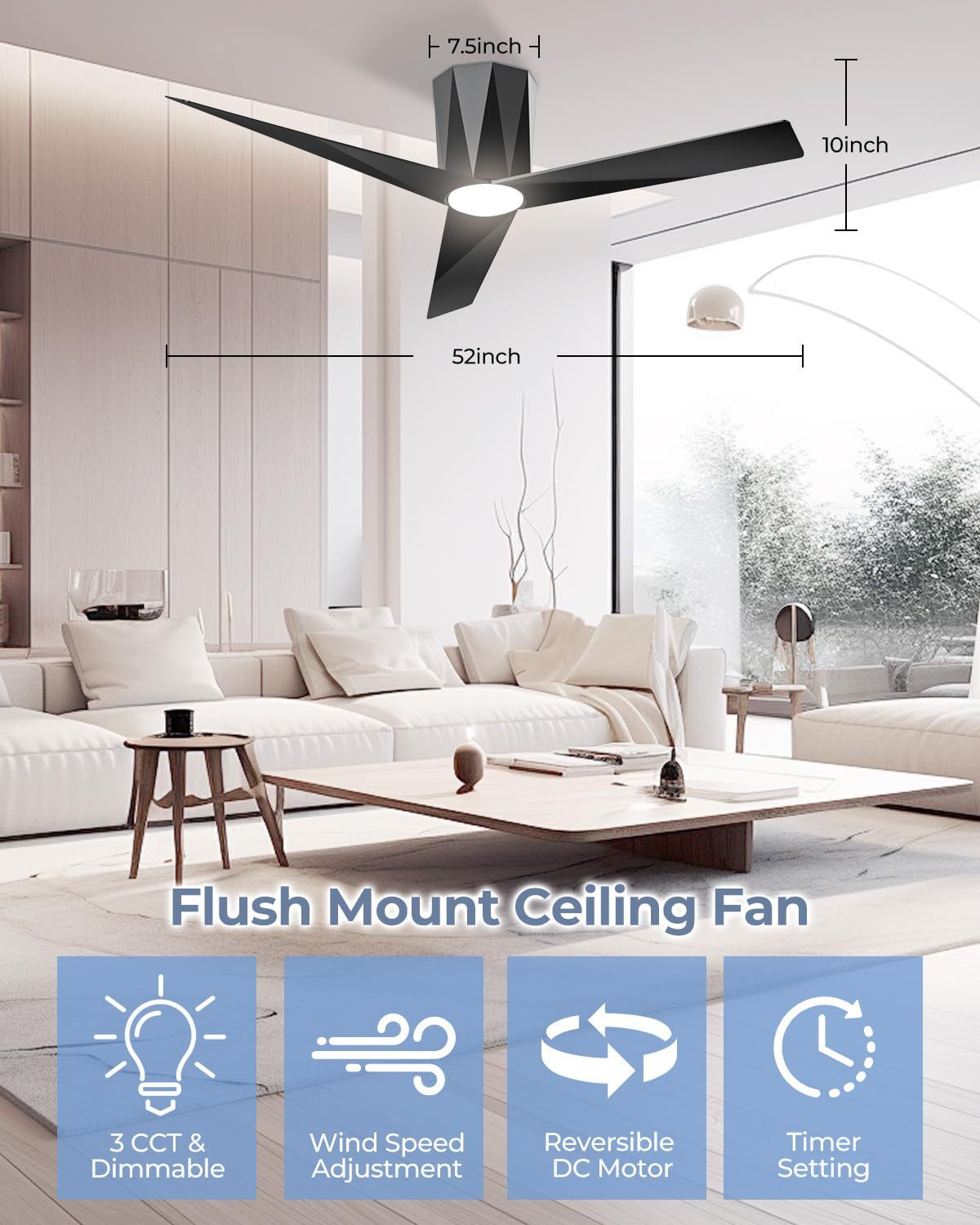 52 Inch Black Flush Mount Ceiling Fans with Led Dimmable 3 CCT Lights and Remote Control Modern Low Profile Ceiling Fan, Easy Installation, Whisper Quiet DC Motor, Bedroom Home Living Room 
