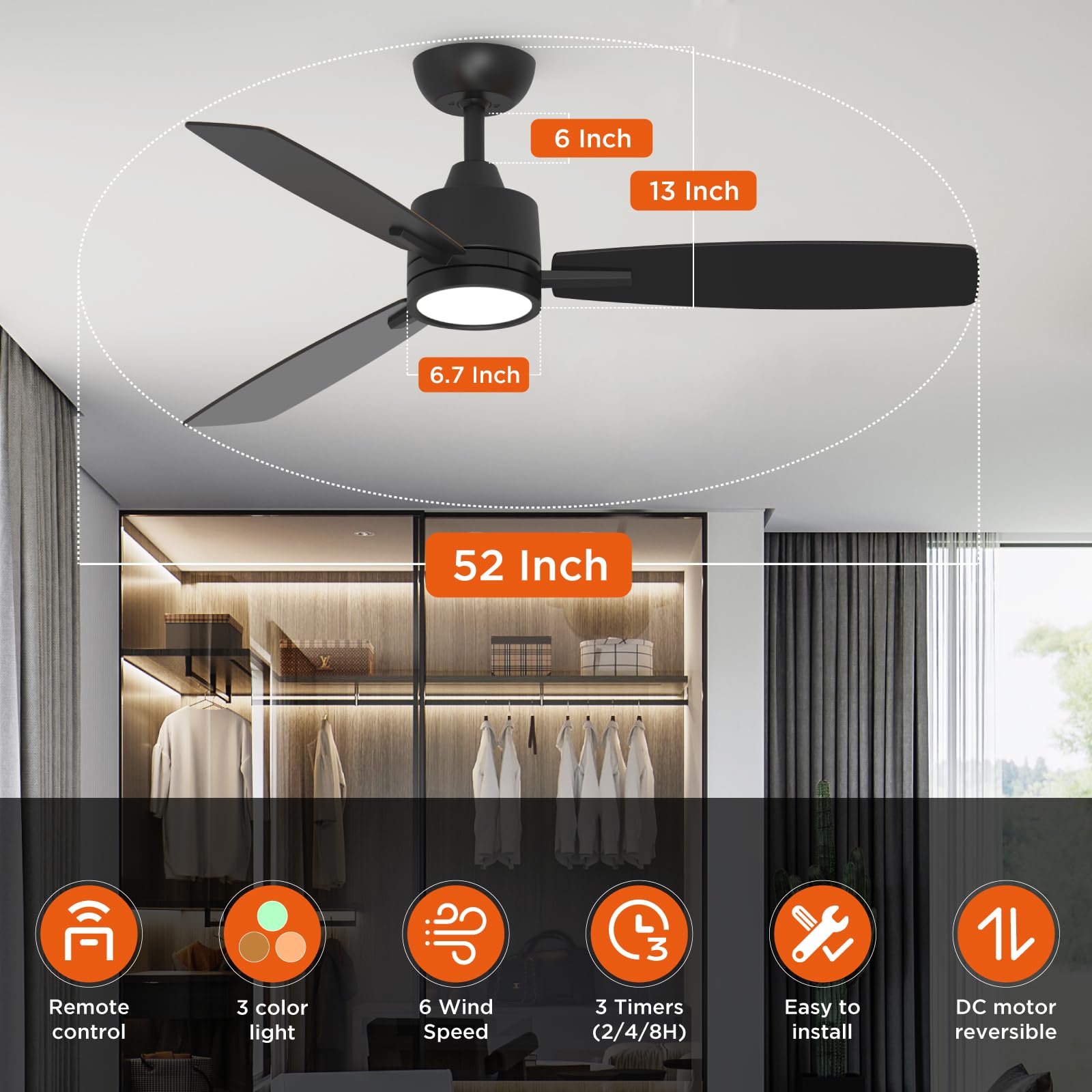 TALOYA 52 Inch Ceiling Fans with Lights Led Remote Control Low Profile for Living Room Bedroom Outdoor Farmhouse Patio Kitchen Dining Room,DC Motor,Reversible,3 Color Temperatures,Black