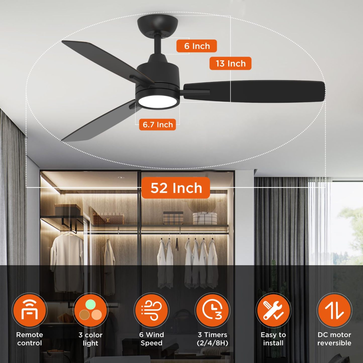 TALOYA 52 Inch Ceiling Fans with Lights Led Remote Control Low Profile for Living Room Bedroom Outdoor Farmhouse Patio Kitchen Dining Room,DC Motor,Reversible,3 Color Temperatures,Black