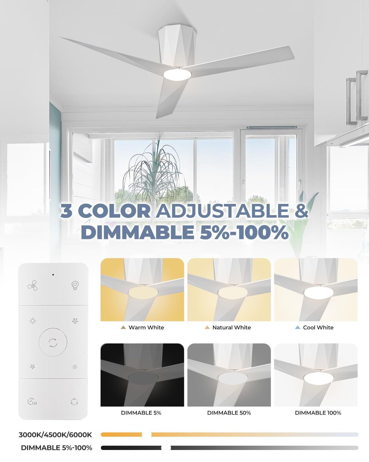   52 Inch White Flush Mount Ceiling Fans with Led Dimmable 3 CCT Lights and Remote Control Modern Low Profile Ceiling Fan, Easy Installation, Whisper Quiet DC Motor, Bedroom Home Living Room 