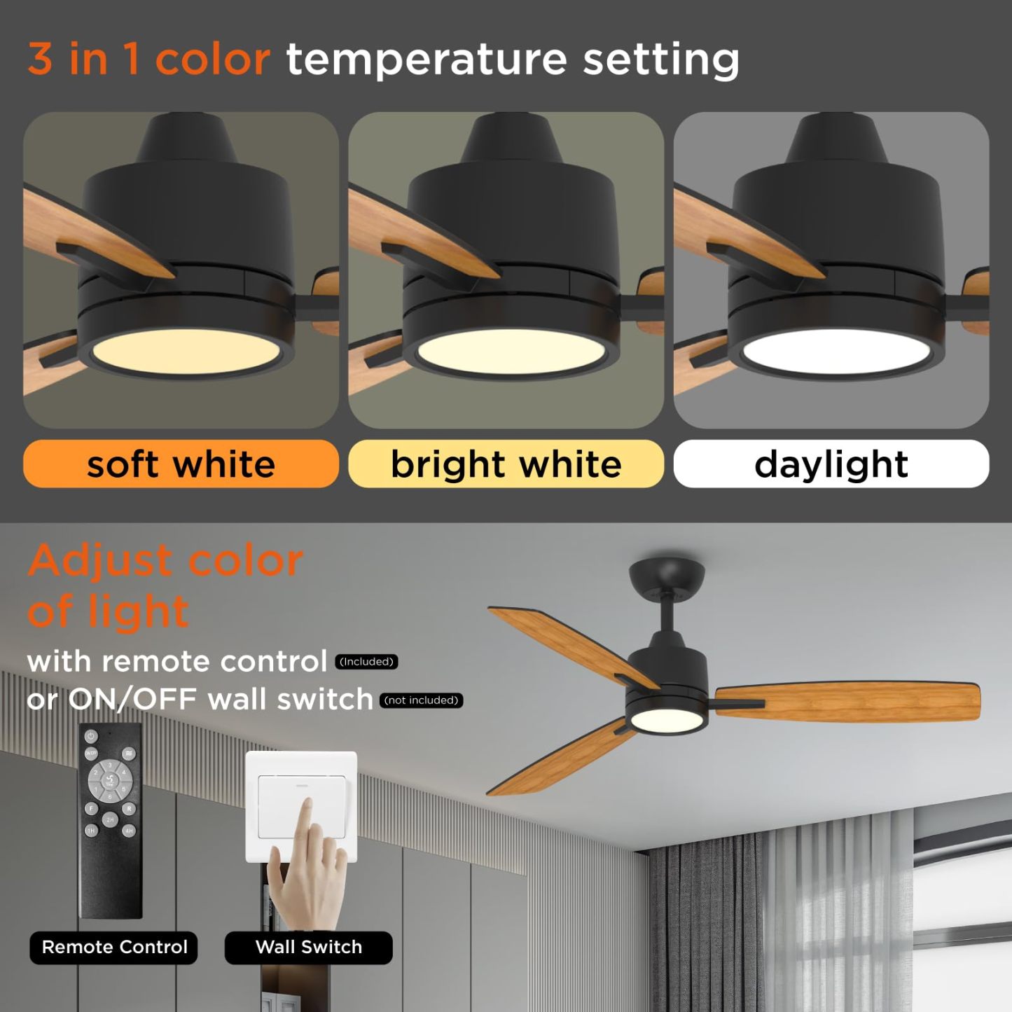 TALOYA 52 Inch Ceiling Fans with Lights Led Remote Control Low Profile for Living Room Bedroom Outdoor Farmhouse Patio Kitchen Dining Room,DC Motor,Reversible,3 Color Temperatures,Black