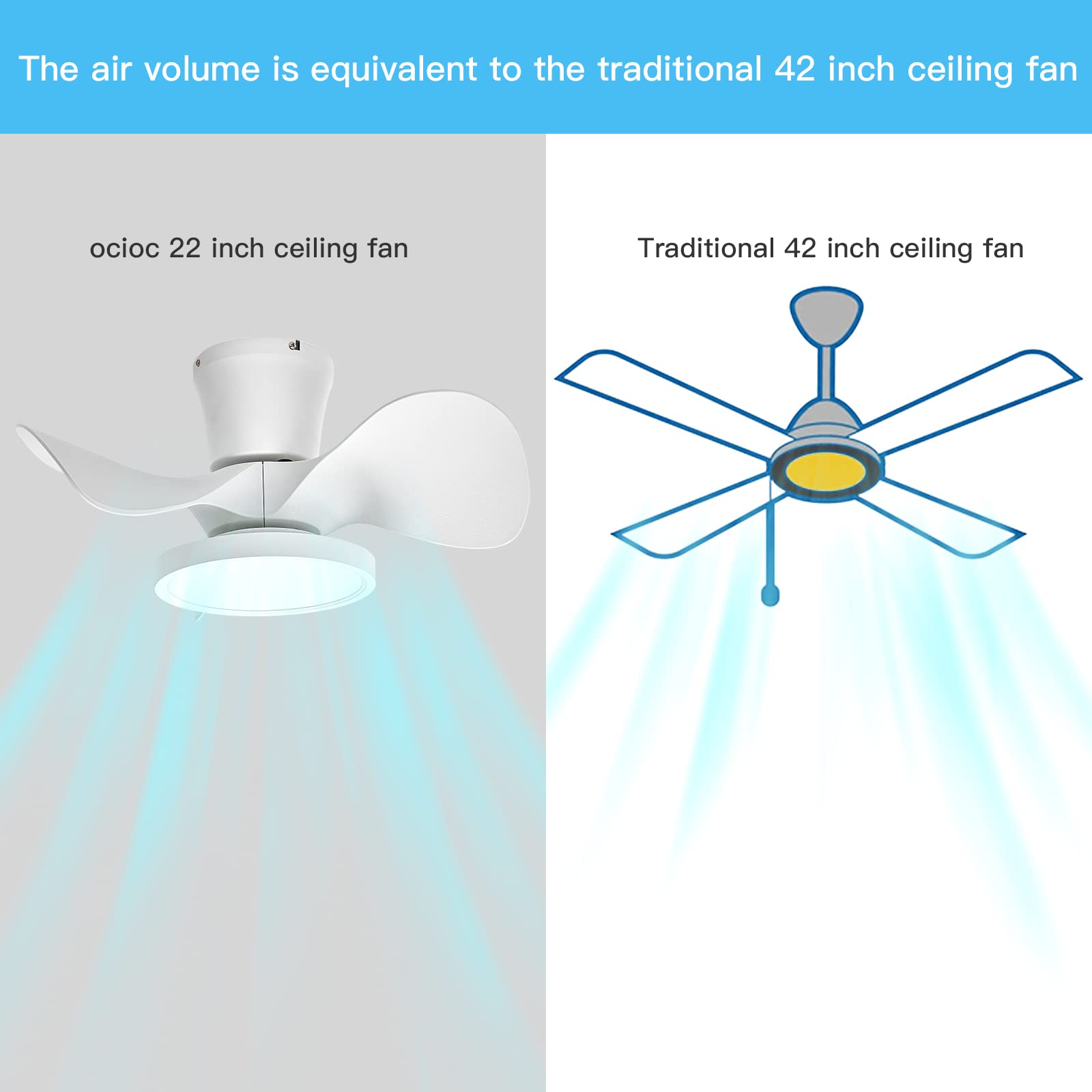 Quiet Ceiling Fan with LED Light 22 inch Large Air Volume Remote Control for Kitchen Bedroom Dining Room Patio White