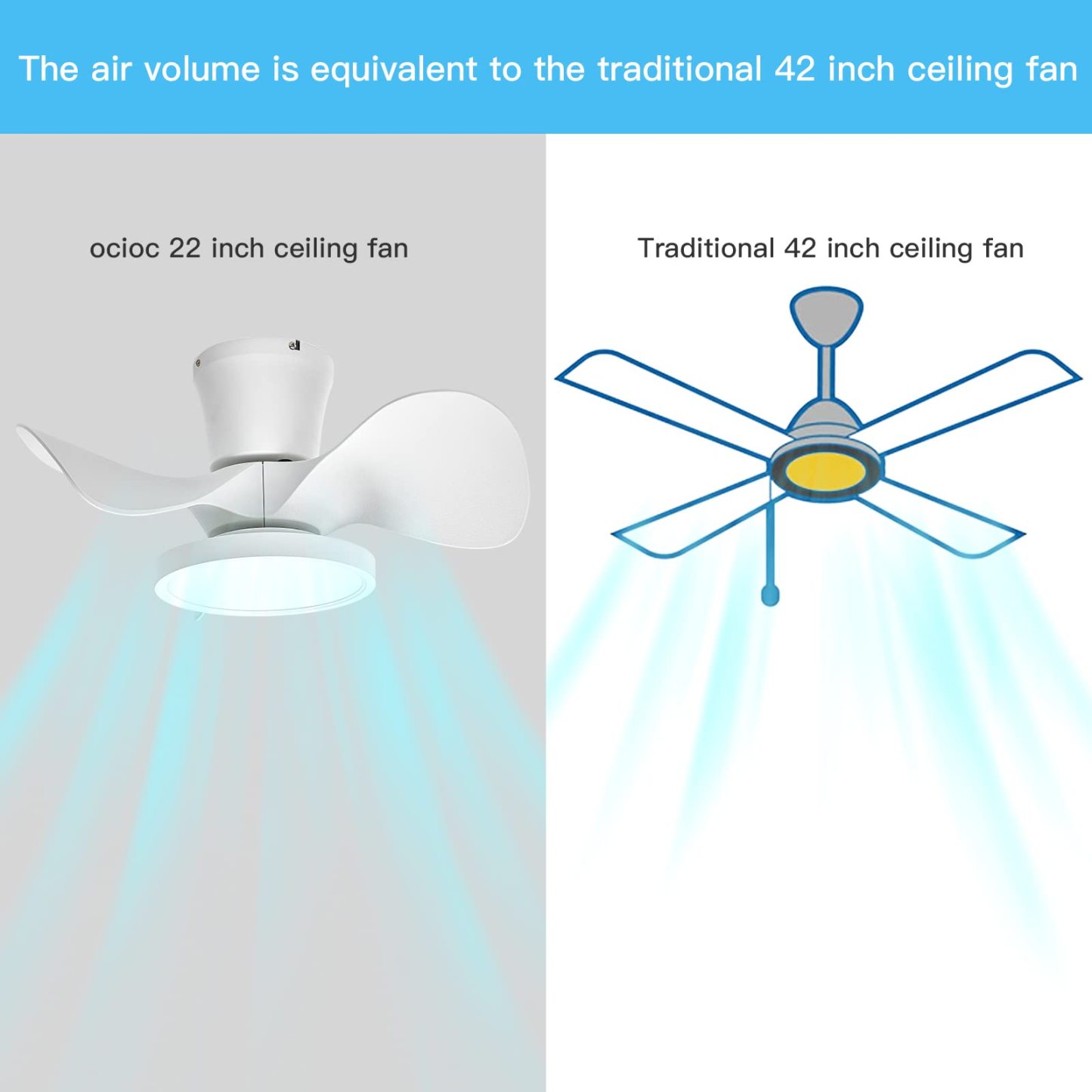 Quiet Ceiling Fan with LED Light 22 inch Large Air Volume Remote Control for Kitchen Bedroom Dining Room Patio White