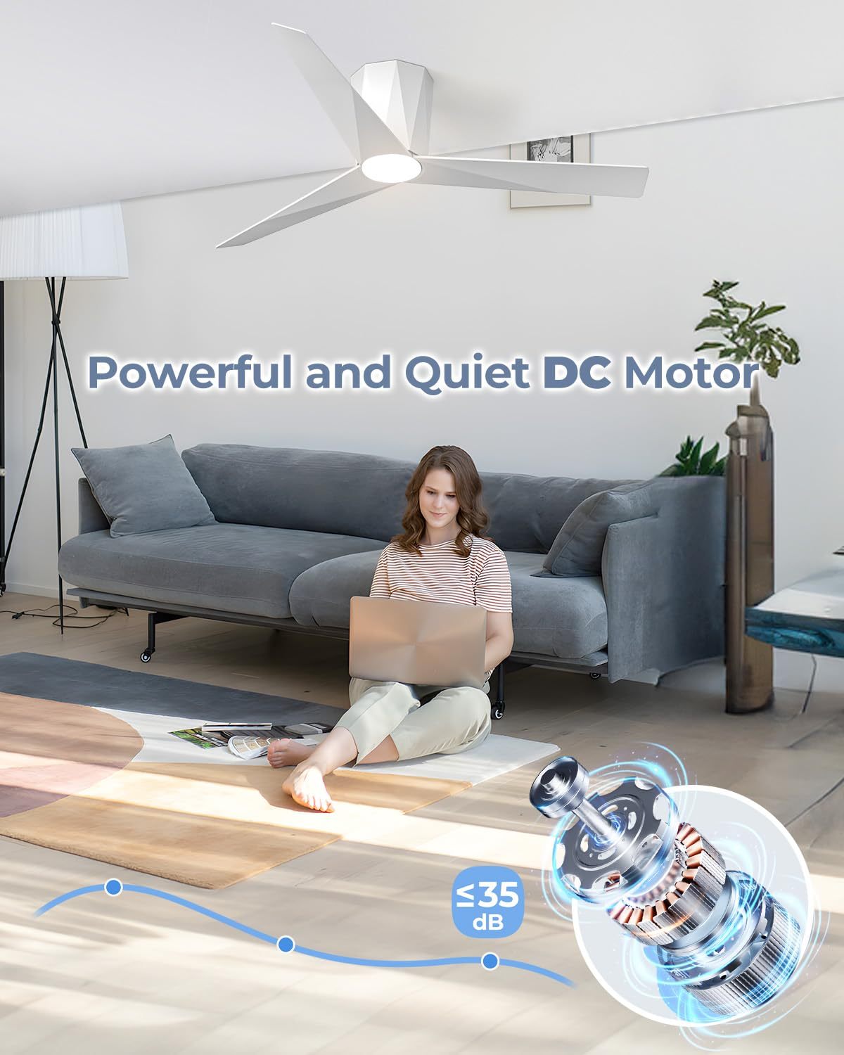   52 Inch White Flush Mount Ceiling Fans with Led Dimmable 3 CCT Lights and Remote Control Modern Low Profile Ceiling Fan, Easy Installation, Whisper Quiet DC Motor, Bedroom Home Living Room 