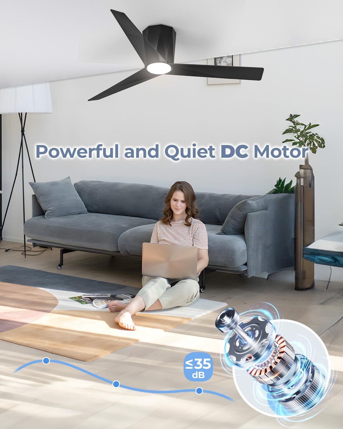 52 Inch Black Flush Mount Ceiling Fans with Led Dimmable 3 CCT Lights and Remote Control Modern Low Profile Ceiling Fan, Easy Installation, Whisper Quiet DC Motor, Bedroom Home Living Room 