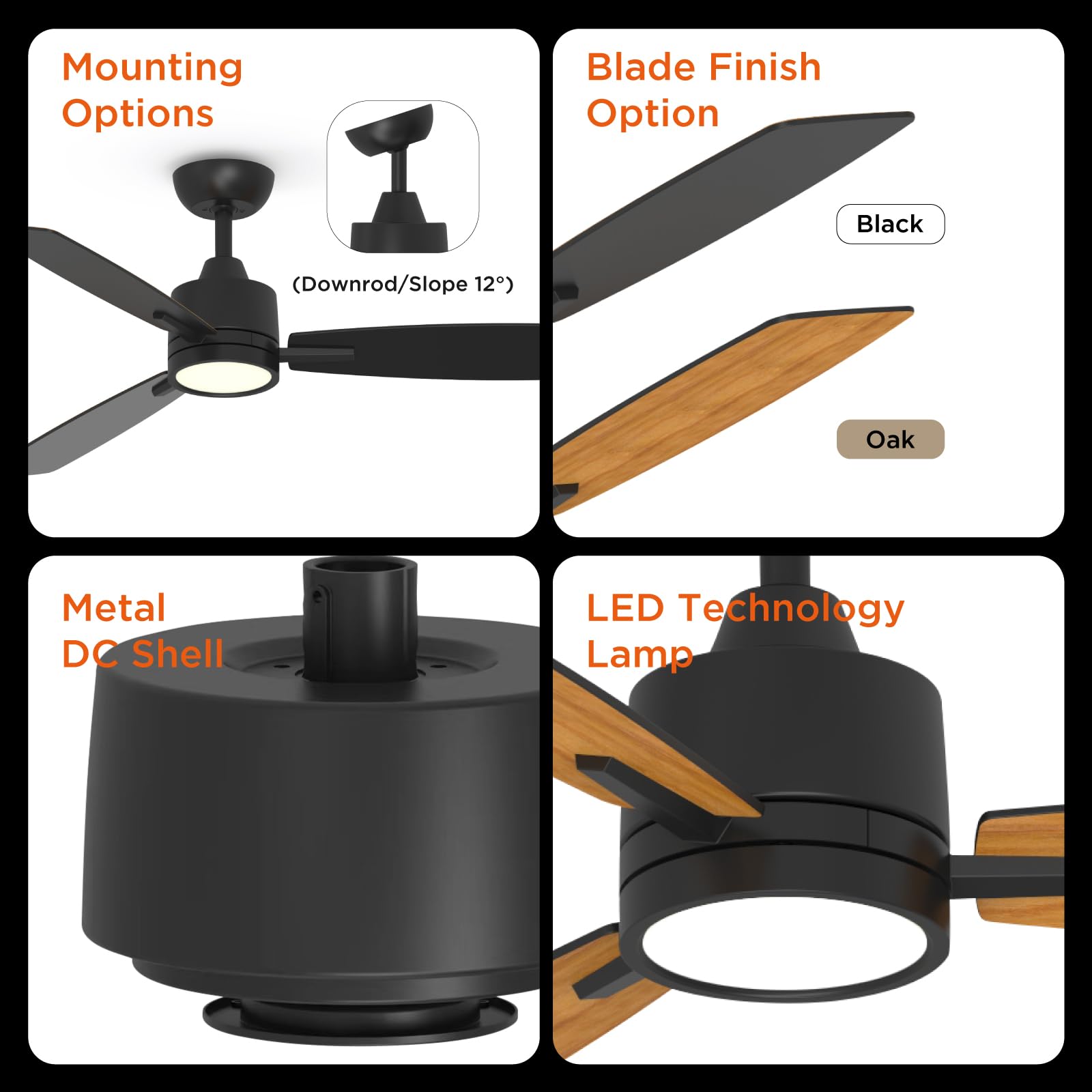 TALOYA 52 Inch Ceiling Fans with Lights Led Remote Control Low Profile for Living Room Bedroom Outdoor Farmhouse Patio Kitchen Dining Room,DC Motor,Reversible,3 Color Temperatures,Black